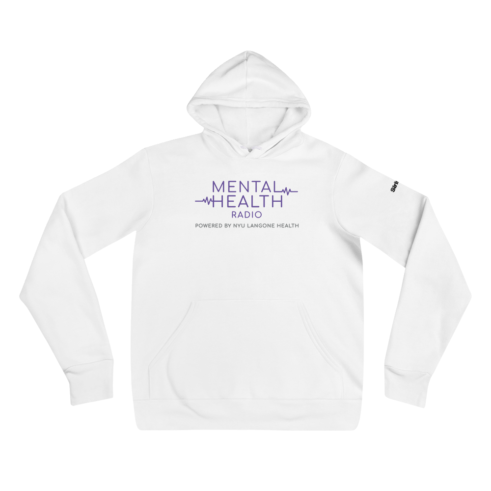 White hoodie with 'MENTAL HEALTH RADIO' logo in light purple and black 'powered by NYU Langone Health.'