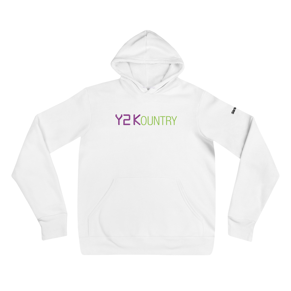 White hoodie with the text 'Y2KOUNTRY' in vivid purple and green colors printed on the front.