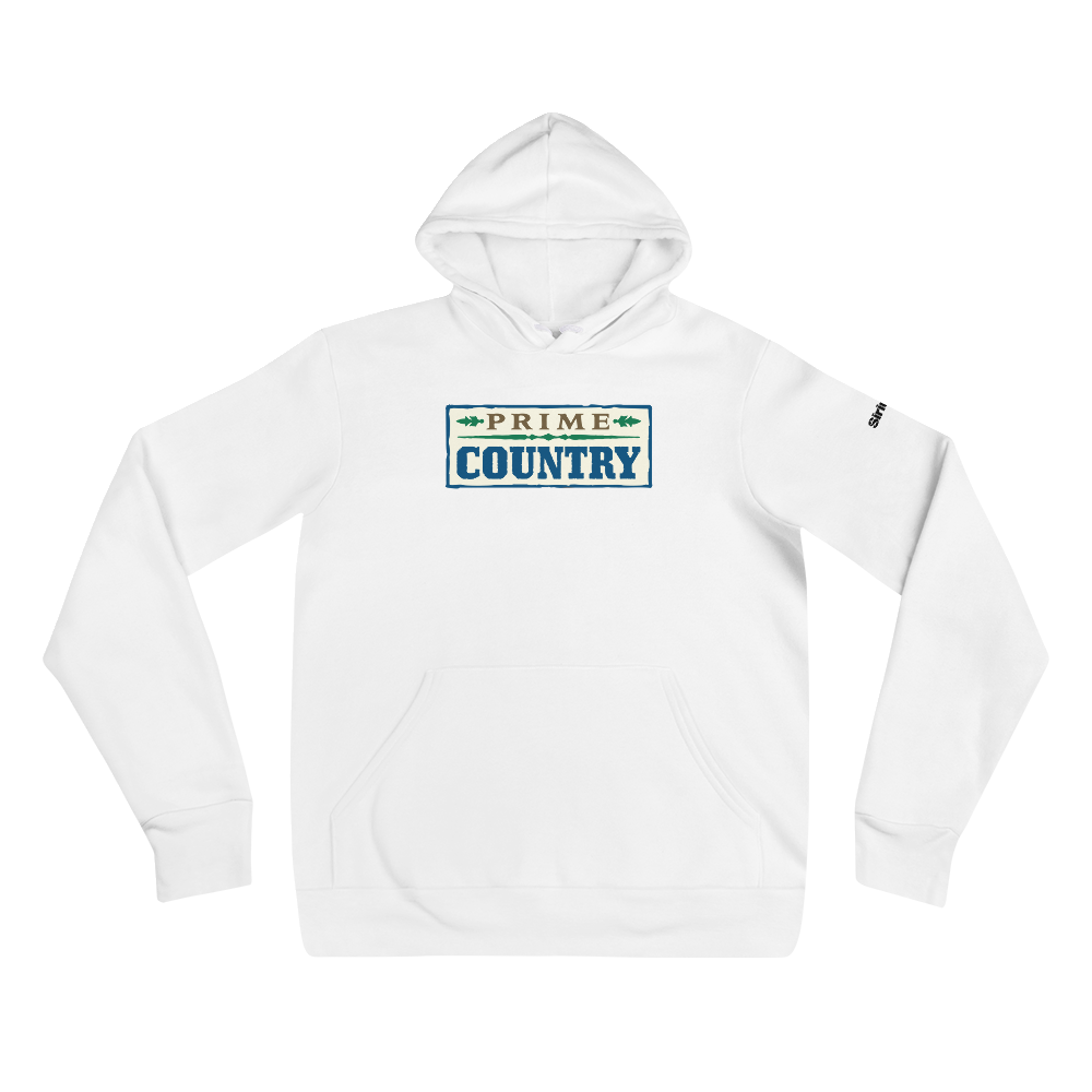 White hoodie featuring 'PRIME COUNTRY' graphic design in blue, green, and brown on the front.