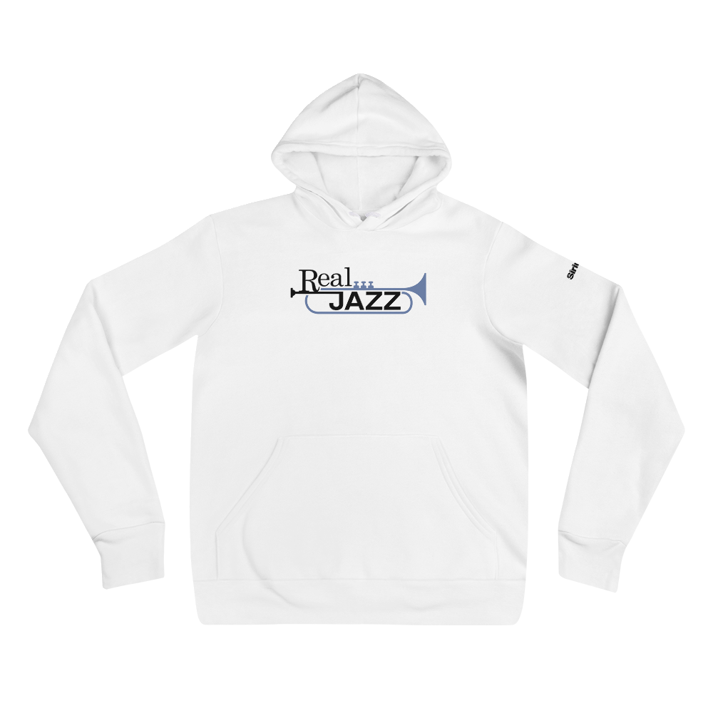 White hoodie featuring 'Real Jazz' graphic text in black and light blue with a trumpet illustration.