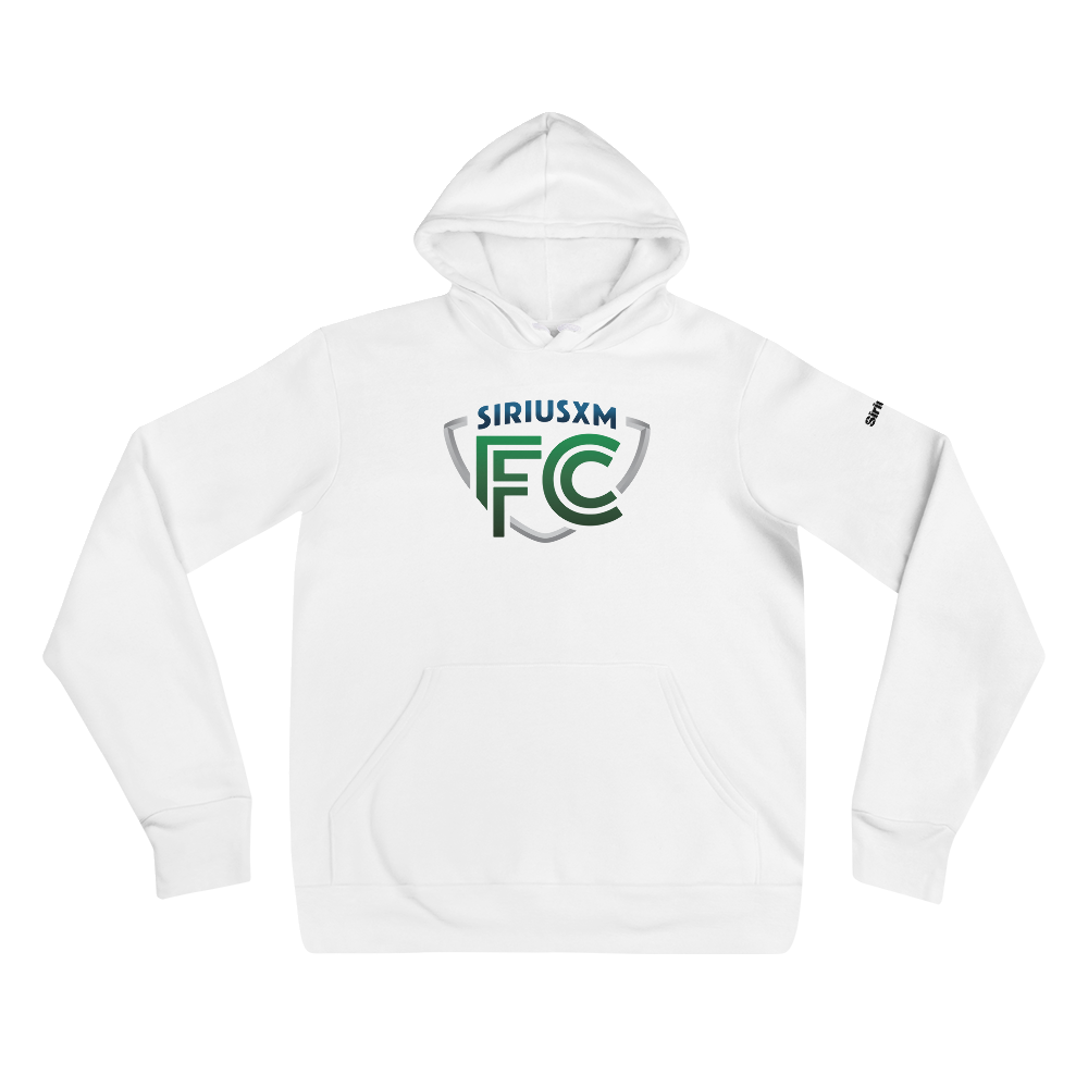 White hoodie with 'SiriusXM FC' logo in green, blue and grey on the front.