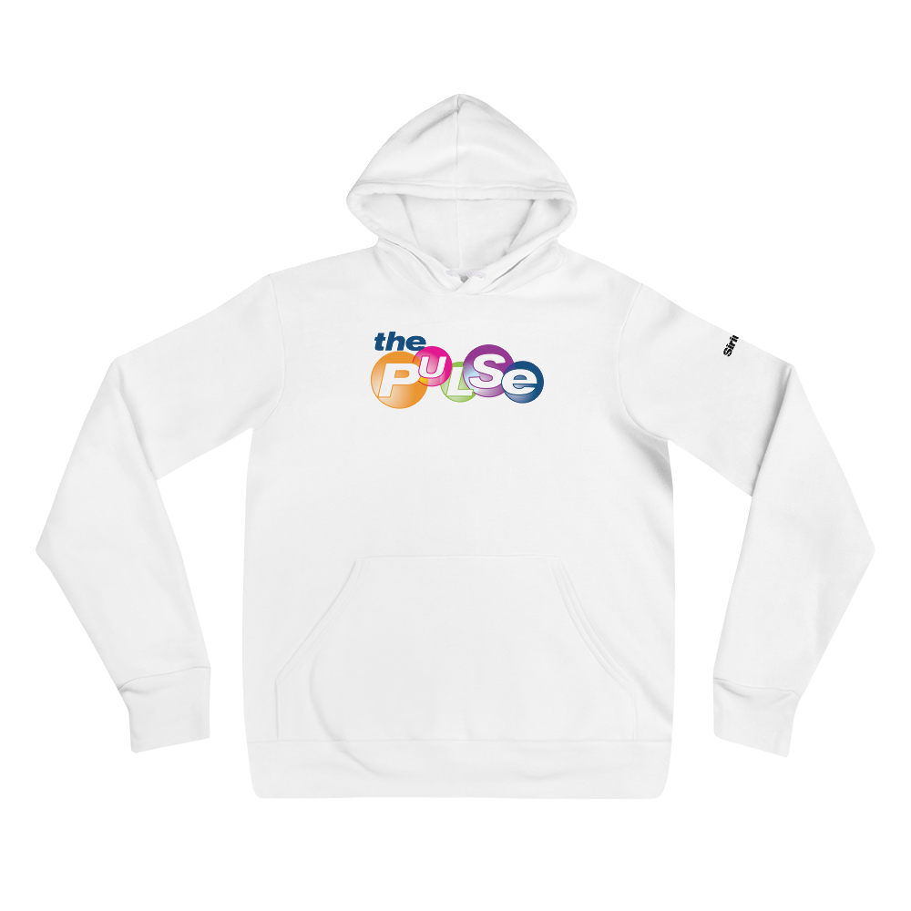 White hoodie featuring the text 'the PULSE' in colorful, playful fonts.