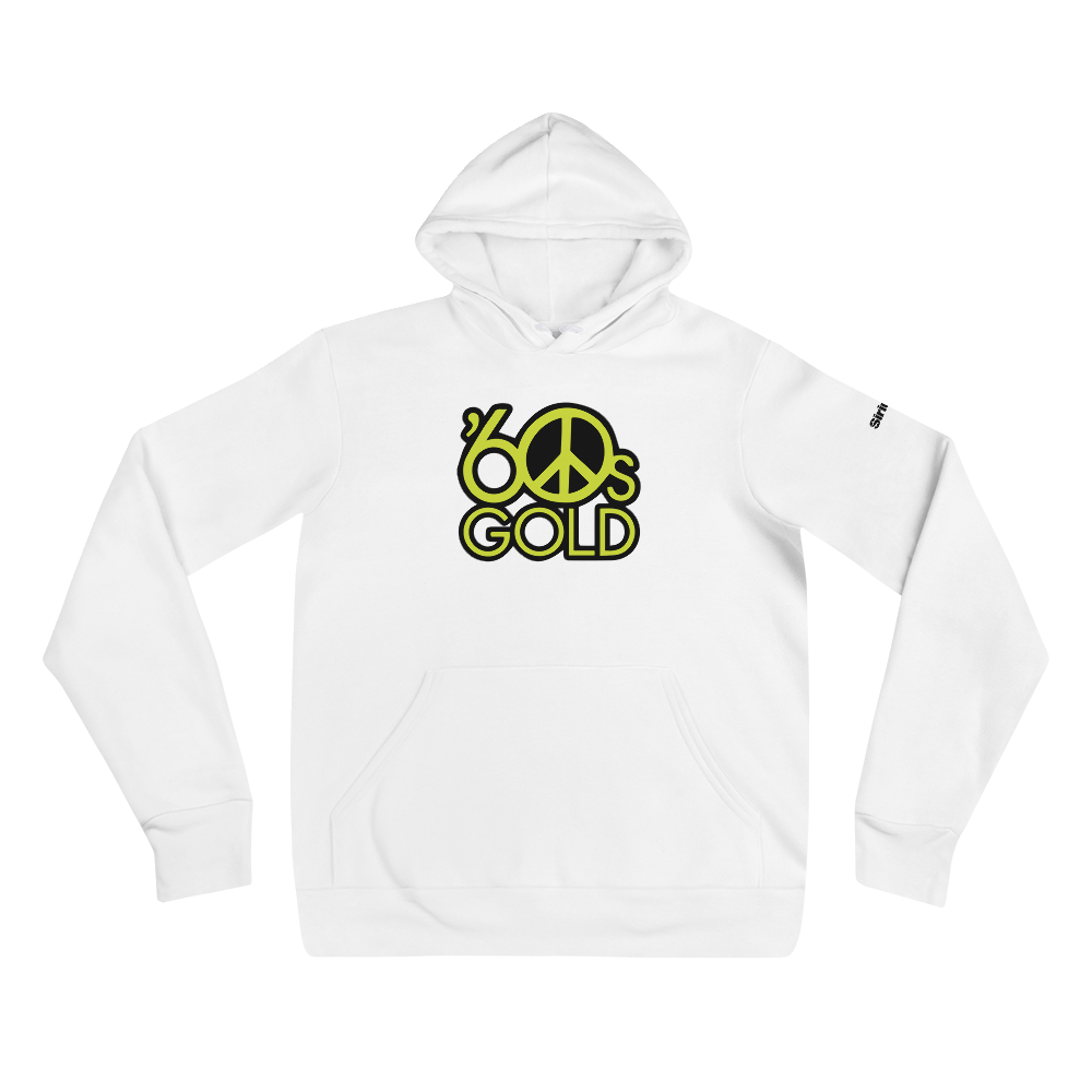 White hoodie featuring a '60s Gold design in vivid green with a peace sign and bold typography.