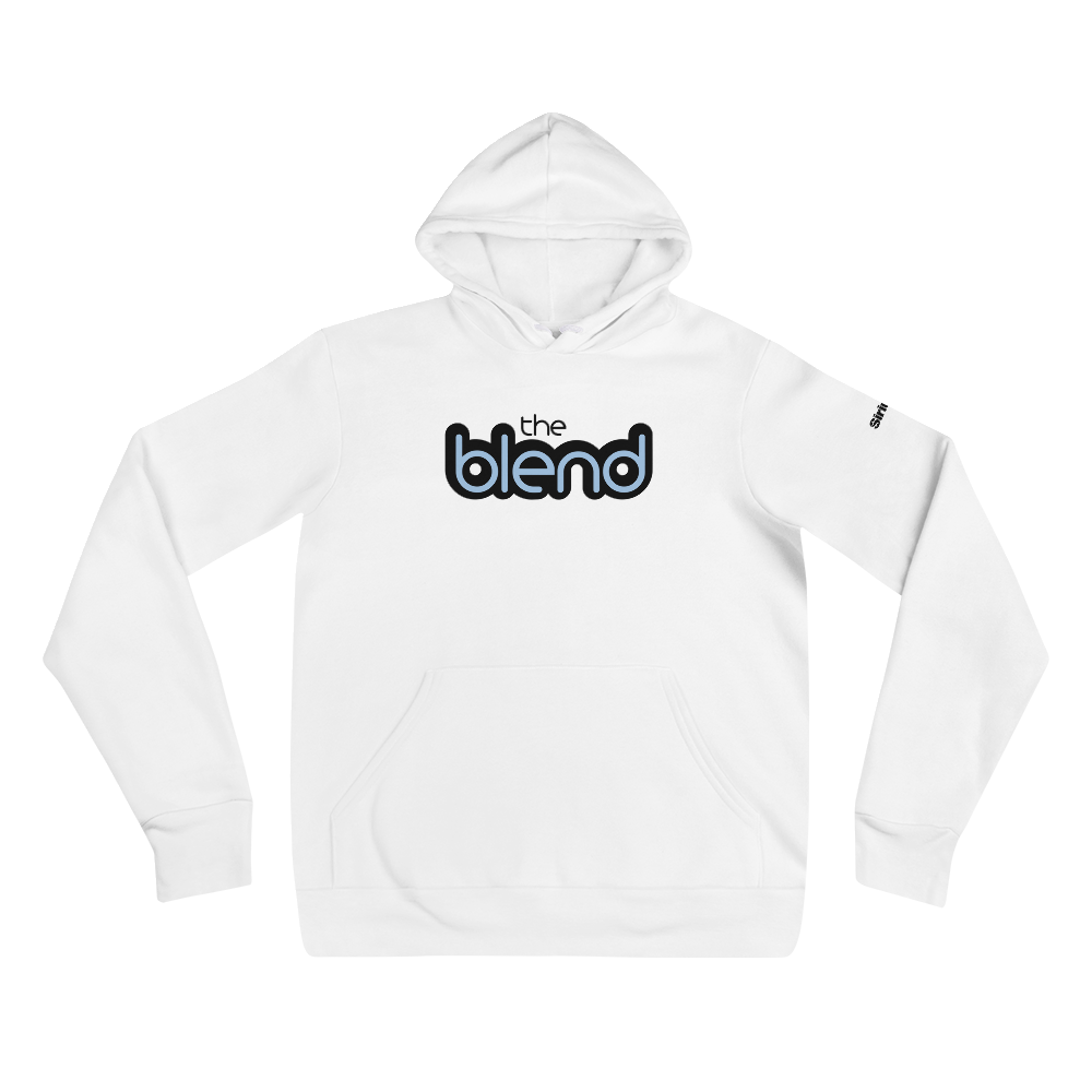 White hoodie with 'the blend' logo in black and blue on the front.