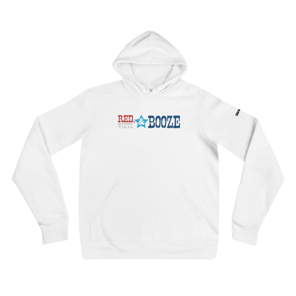 White hoodie featuring the text 'RED, WHITE & BOOZE' with red and blue accents.