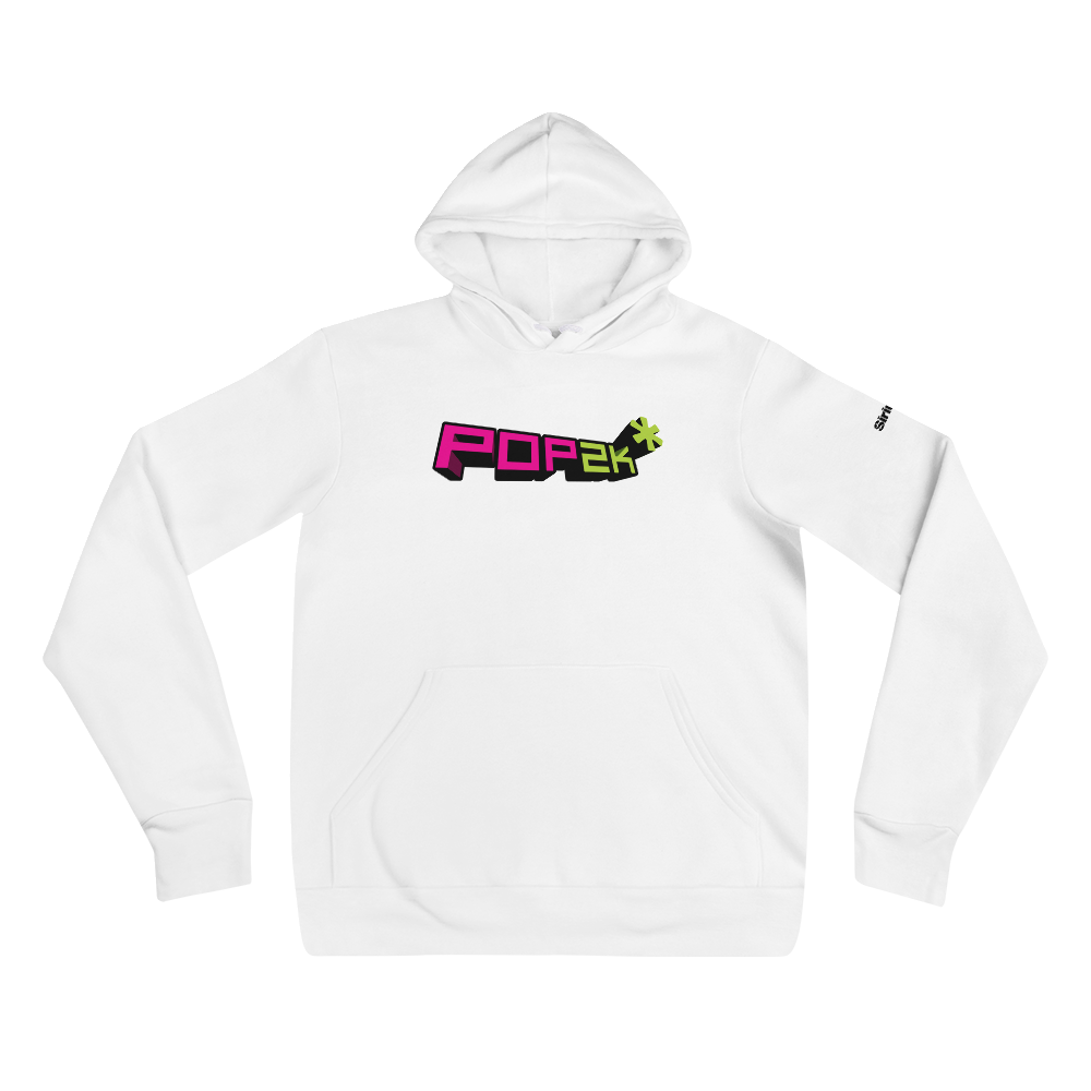 White hoodie with a colorful 'POP2K' logo in bright pink and green on the front.