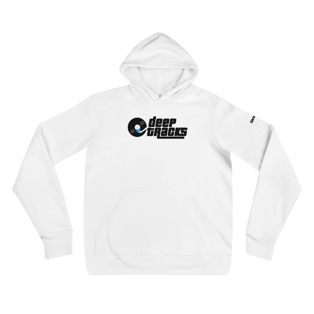 White hoodie featuring 'deep tracks' logo with vinyl record graphic on the front.