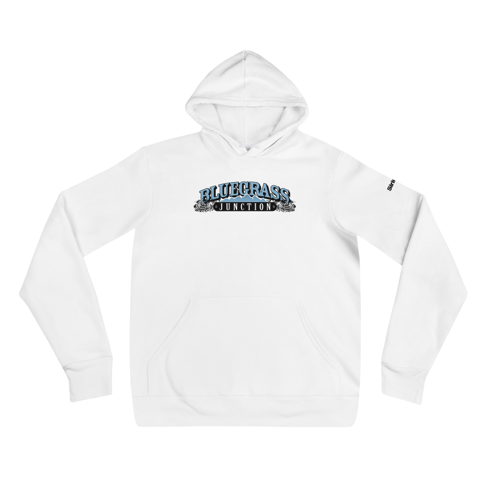 White hoodie featuring 'BLUEGRASS JUNCTION' graphic on the front.