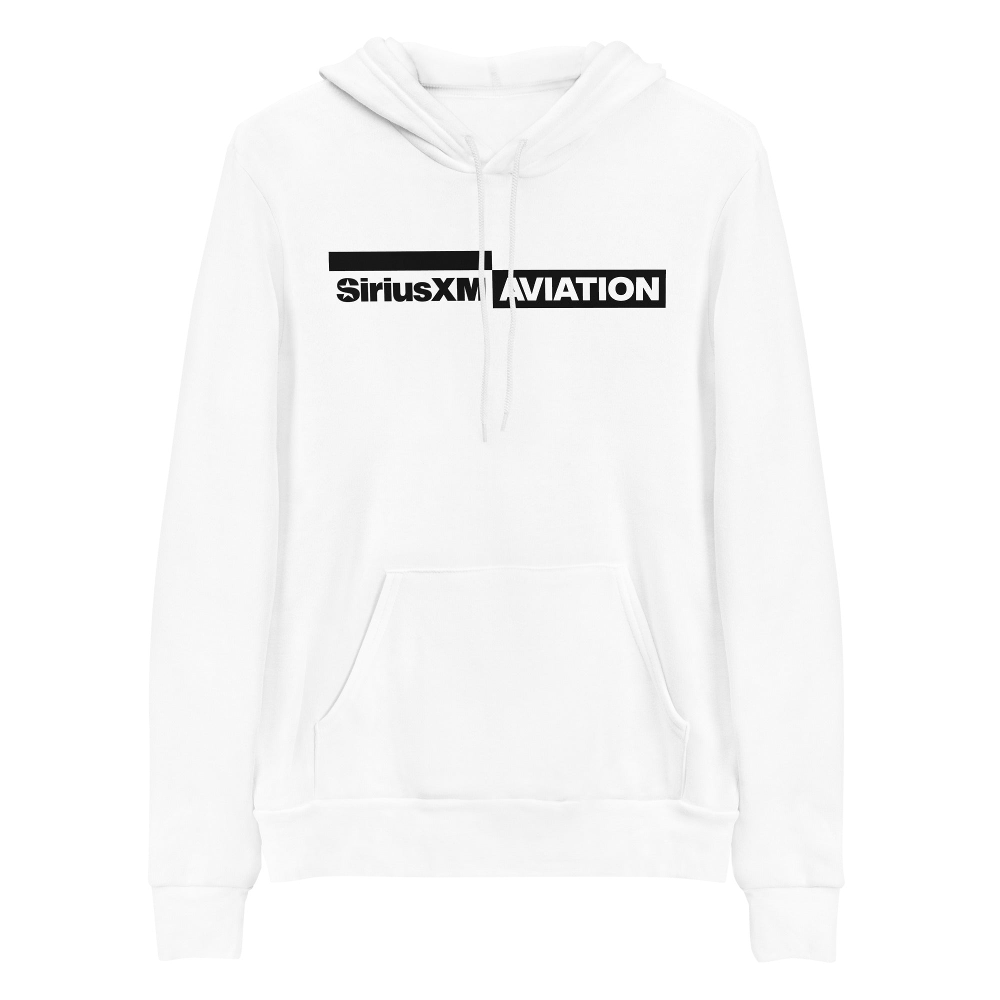 White hoodie featuring 'SiriusXM AVIATION' logo in black.