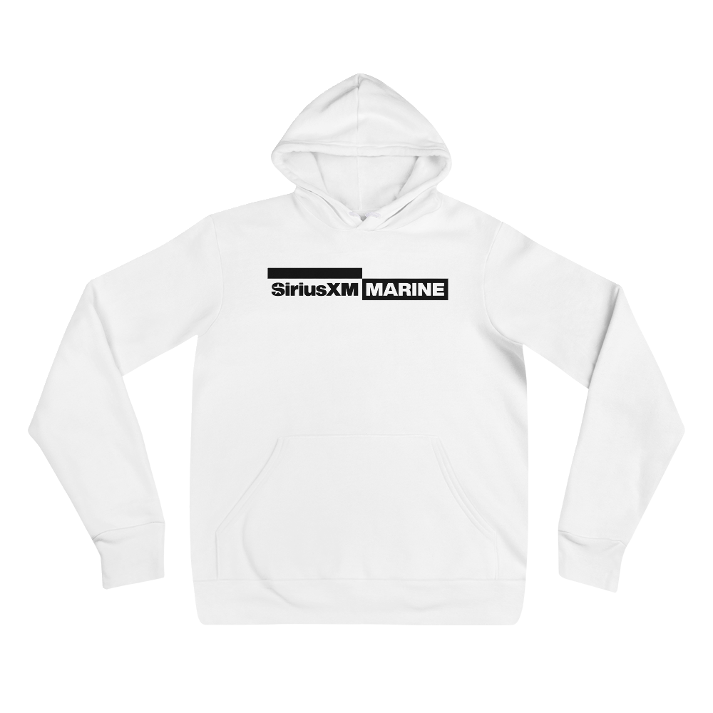 White hoodie featuring the text 'SiriusXM MARINE' in bold black letters.