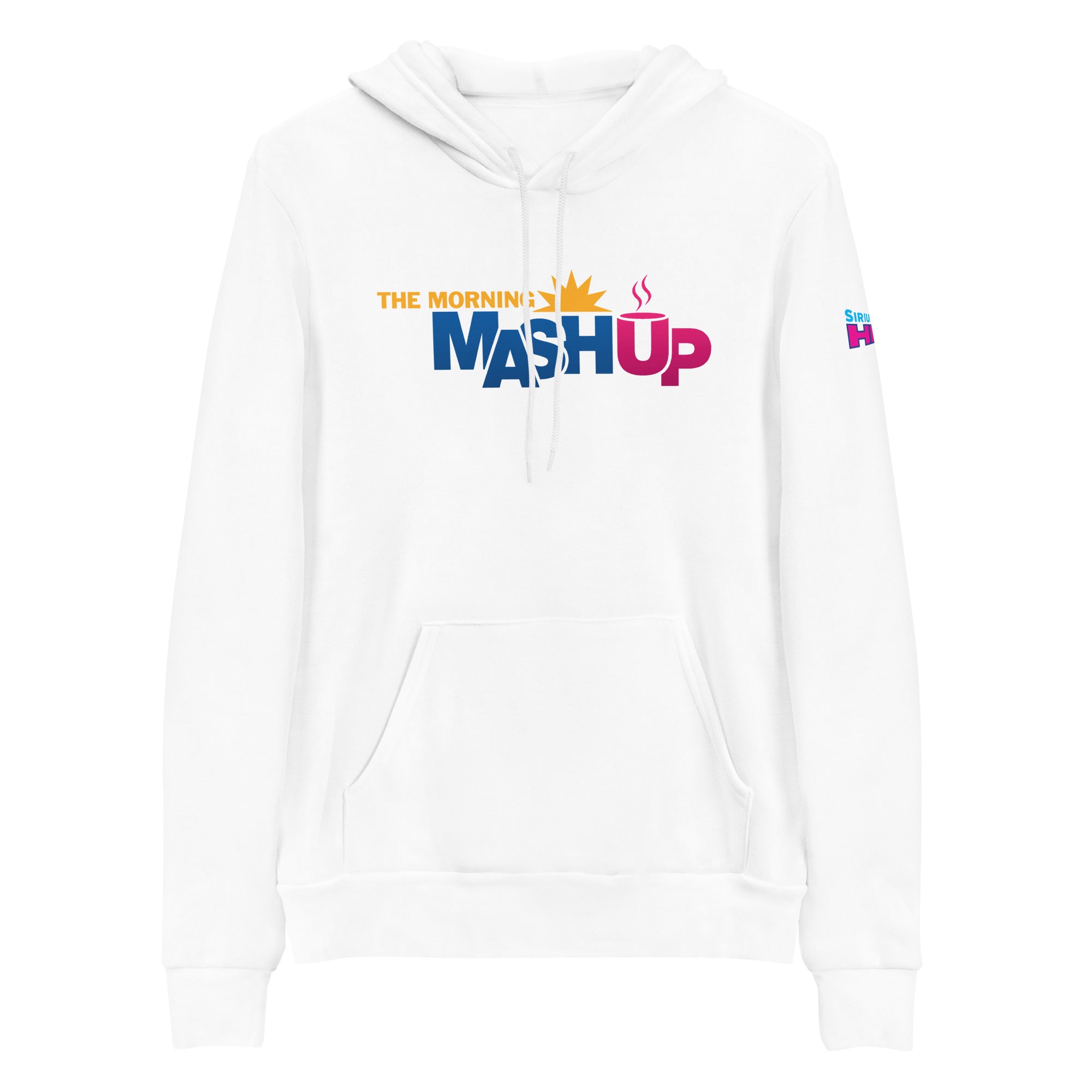 White hoodie with 'THE MORNING MASH UP' logo in colorful  yellow, pink and blue text on the front.