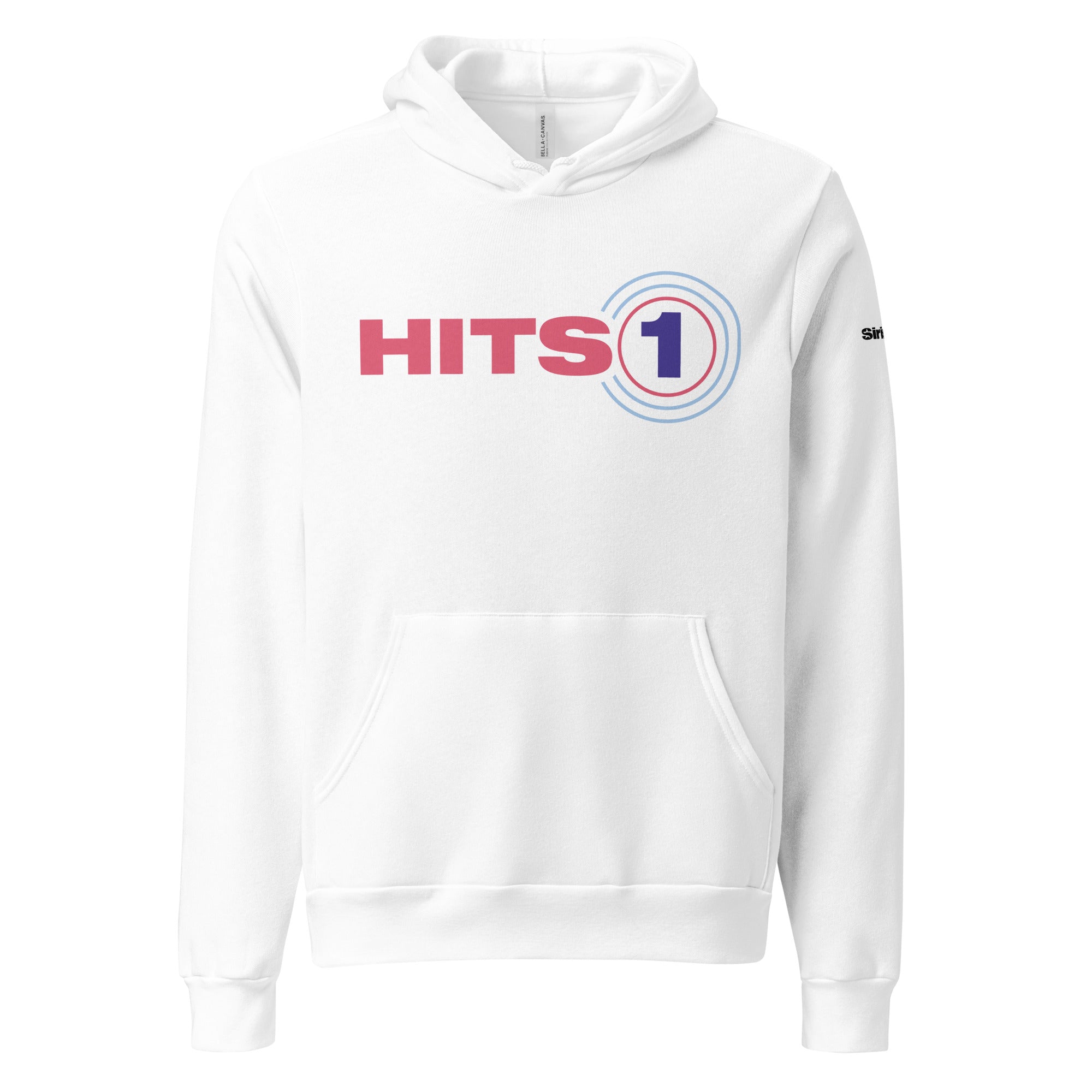 White hoodie with 'Hits 1' logo on front.