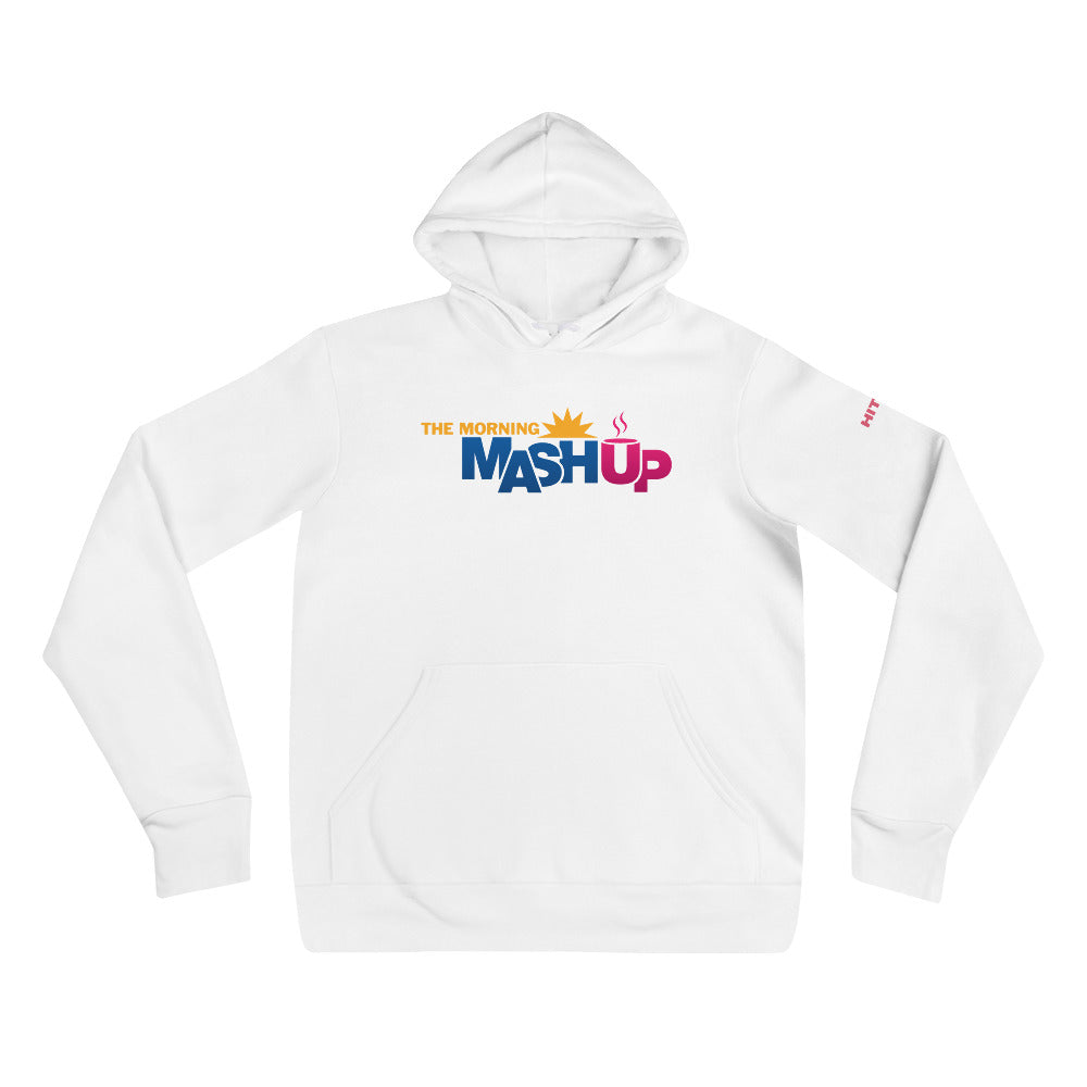 White hoodie with ' MORNING MASH UP' logo on front and 'Hits1' logo on sleeve, on a white background