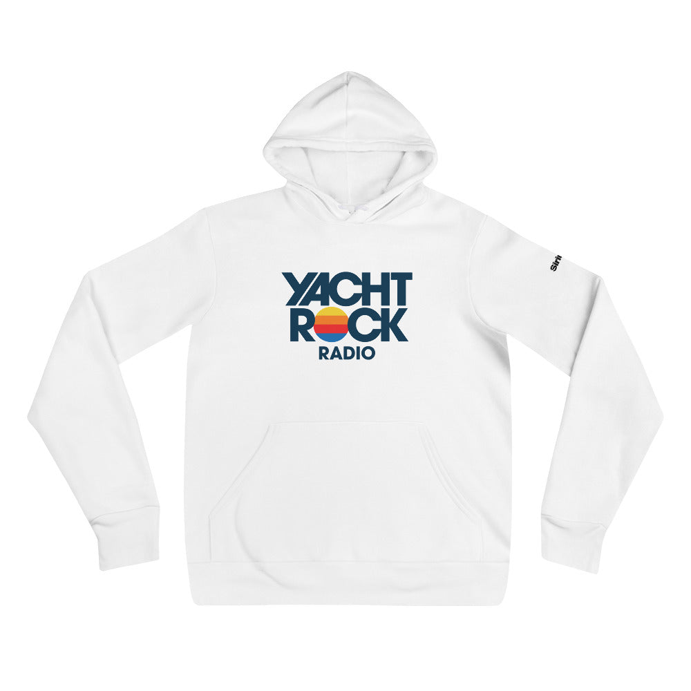 White hoodie with 'Yacht Rock Radio' logo on a white background