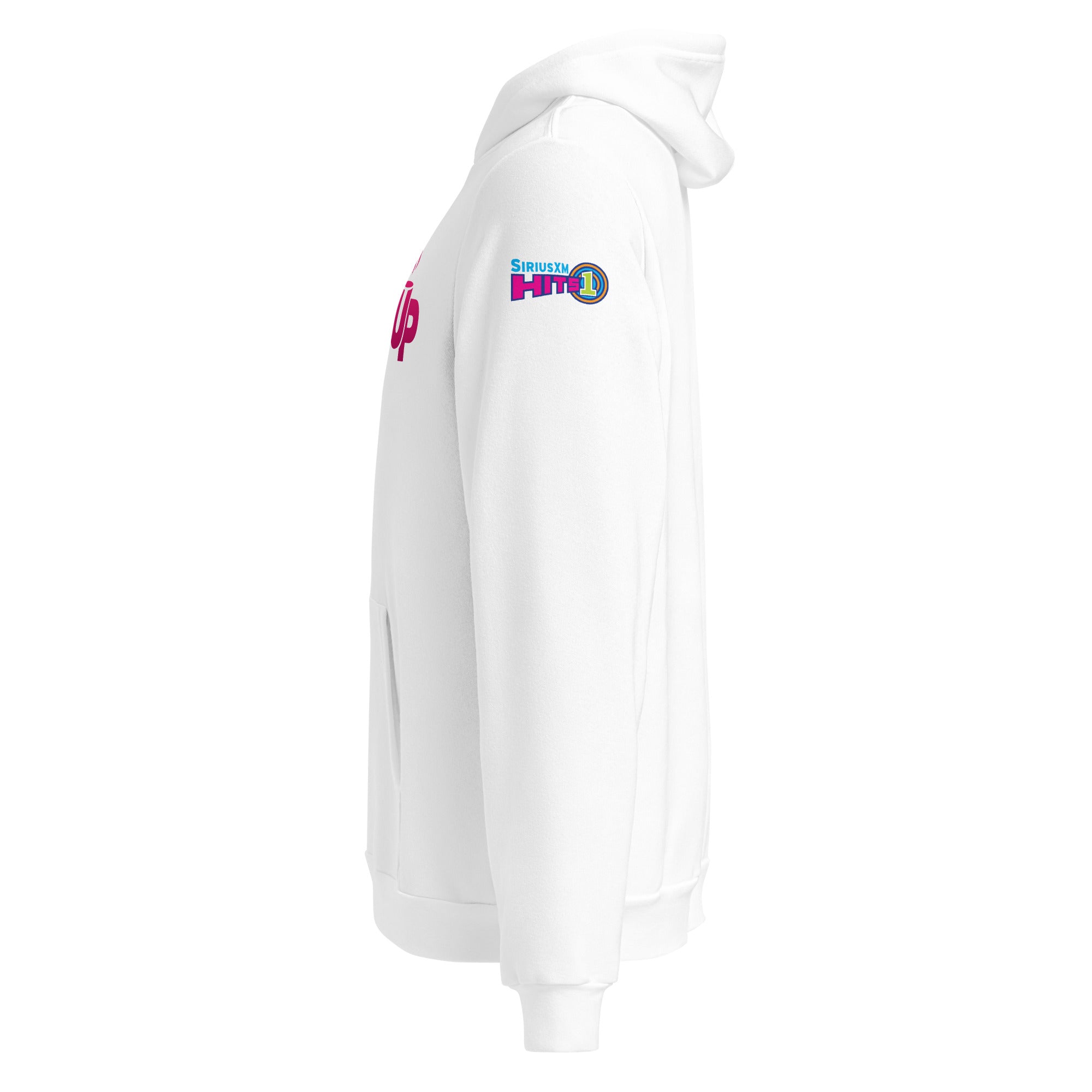 Side view of a white hoodie with the text SiriusXM "Hits1 logo" on the left sleeve.