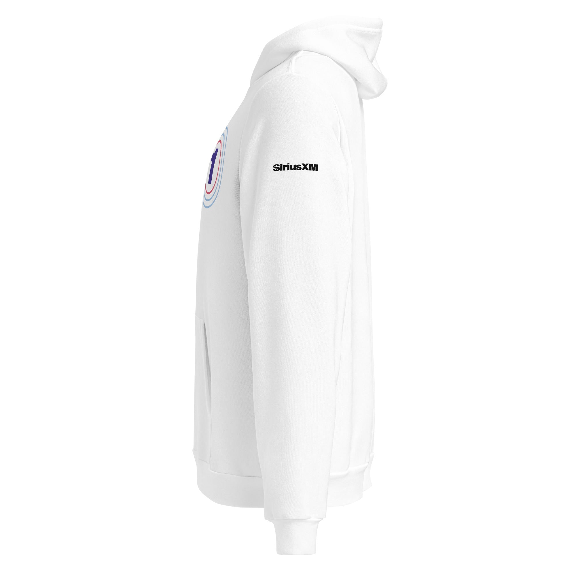 Side view of white hoodie with 'SiriusXM" logo on sleeve.