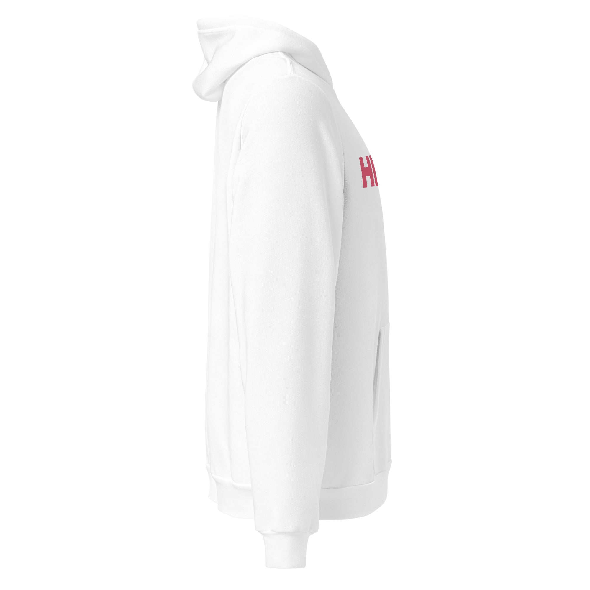 Side view of white hoodie.