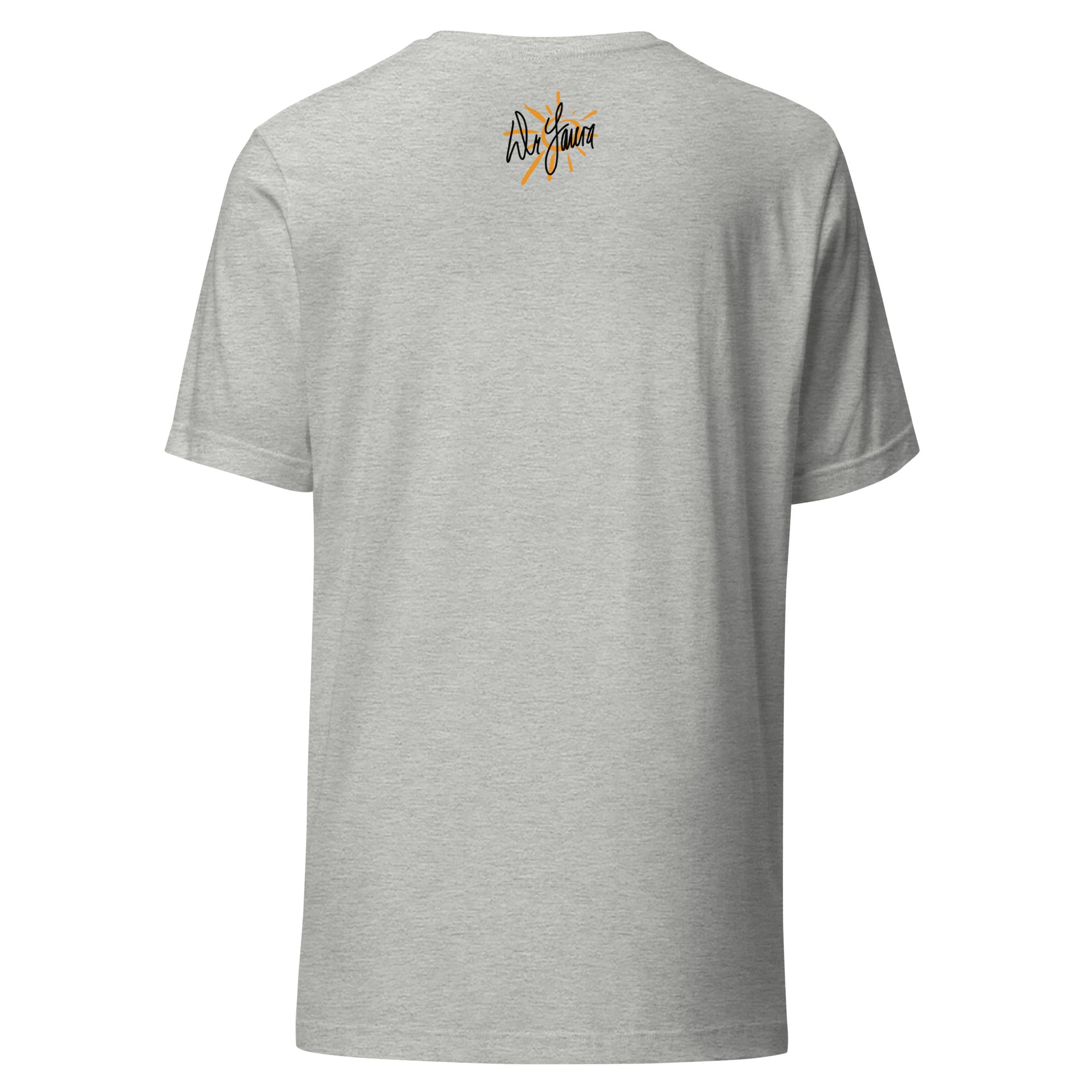 Gray t-shirt displayed from the back, featuring the 'Dr. Laura' signature with sunburst graphic at the neck.
