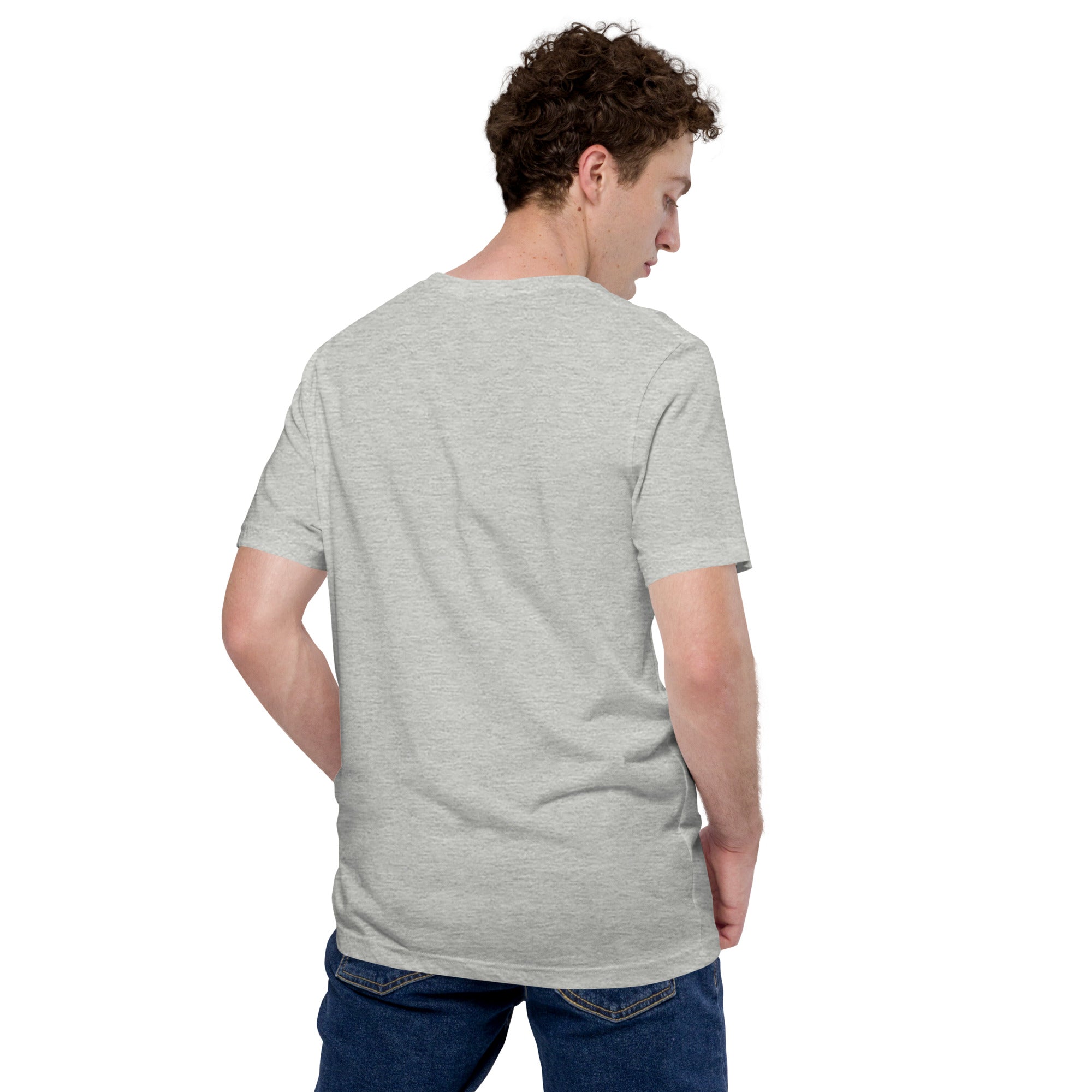 A man shown from the back wearing a heather gray short-sleeve T-shirt. The shirt is plain on the back with no design visible.
