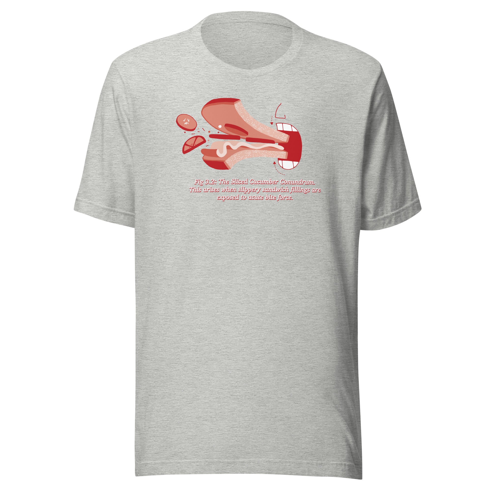 Illustration of a sandwich with fillings and a humorous text about the 'Sliced Cucumber Conundrum' on a light gray t-shirt.