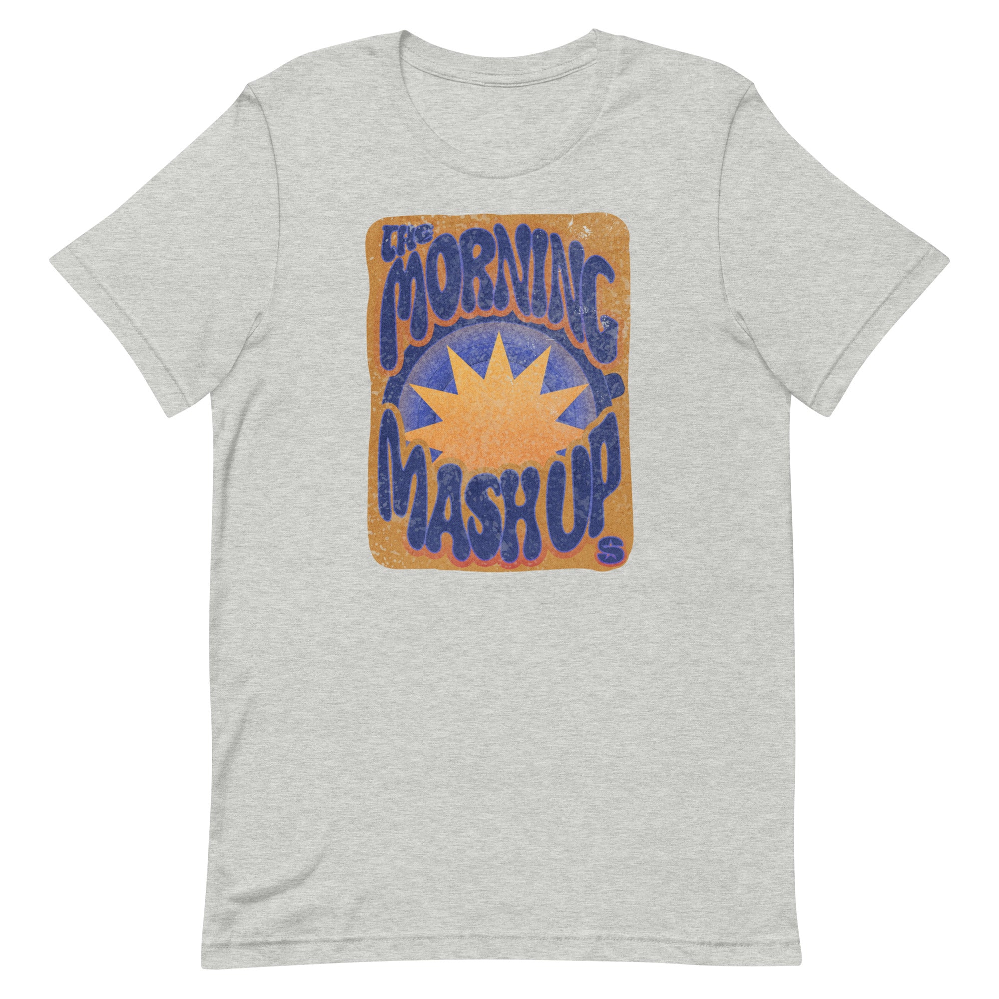 Heather gray short-sleeve T-shirt laid flat, showing a large distressed retro graphic on the front. The design reads 'The Morning Mash Up' in wavy blue letters surrounding an orange sunburst on a brown background. The SiriusXM 'S-Star' logo appears in the bottom right corner of the graphic.
