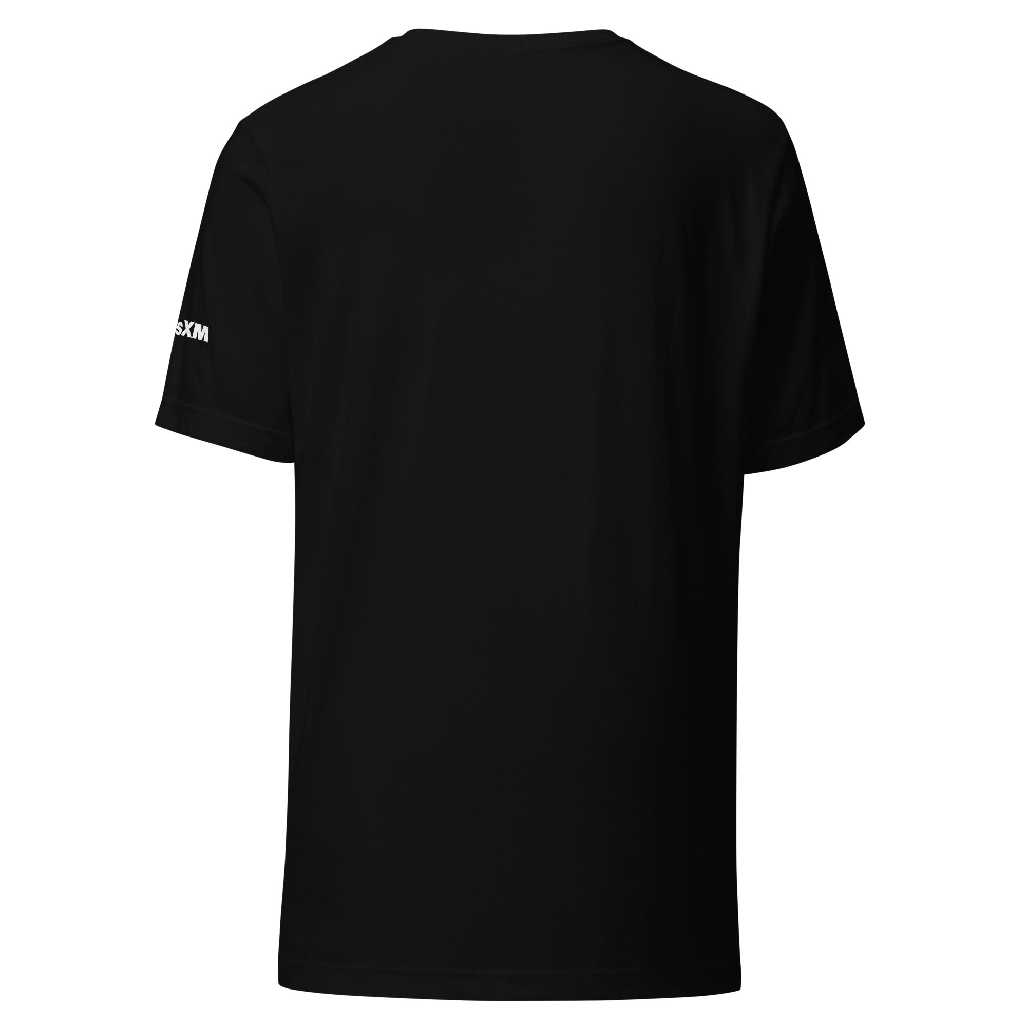 Black t-shirt, back view, short sleeves, with a logo on the left sleeve.