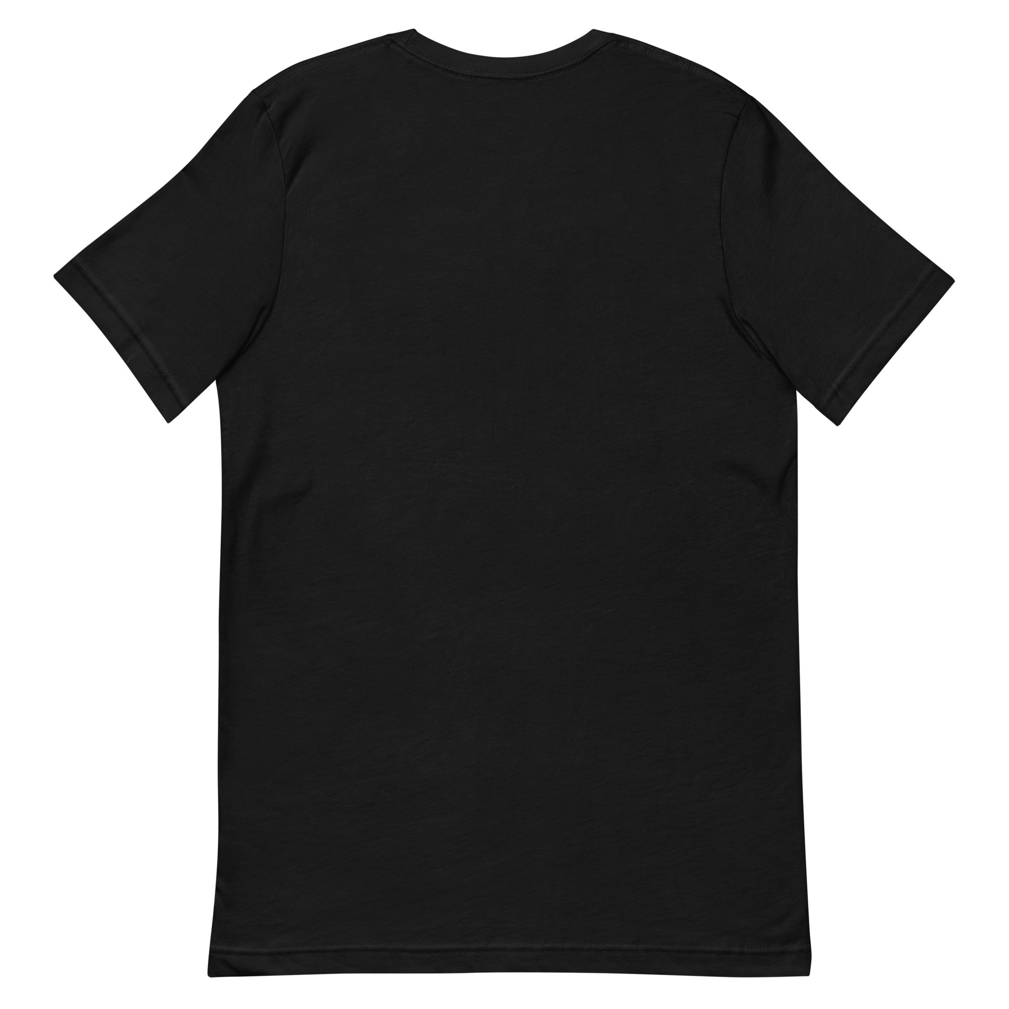 This image shows the back view of a plain black t-shirt.
