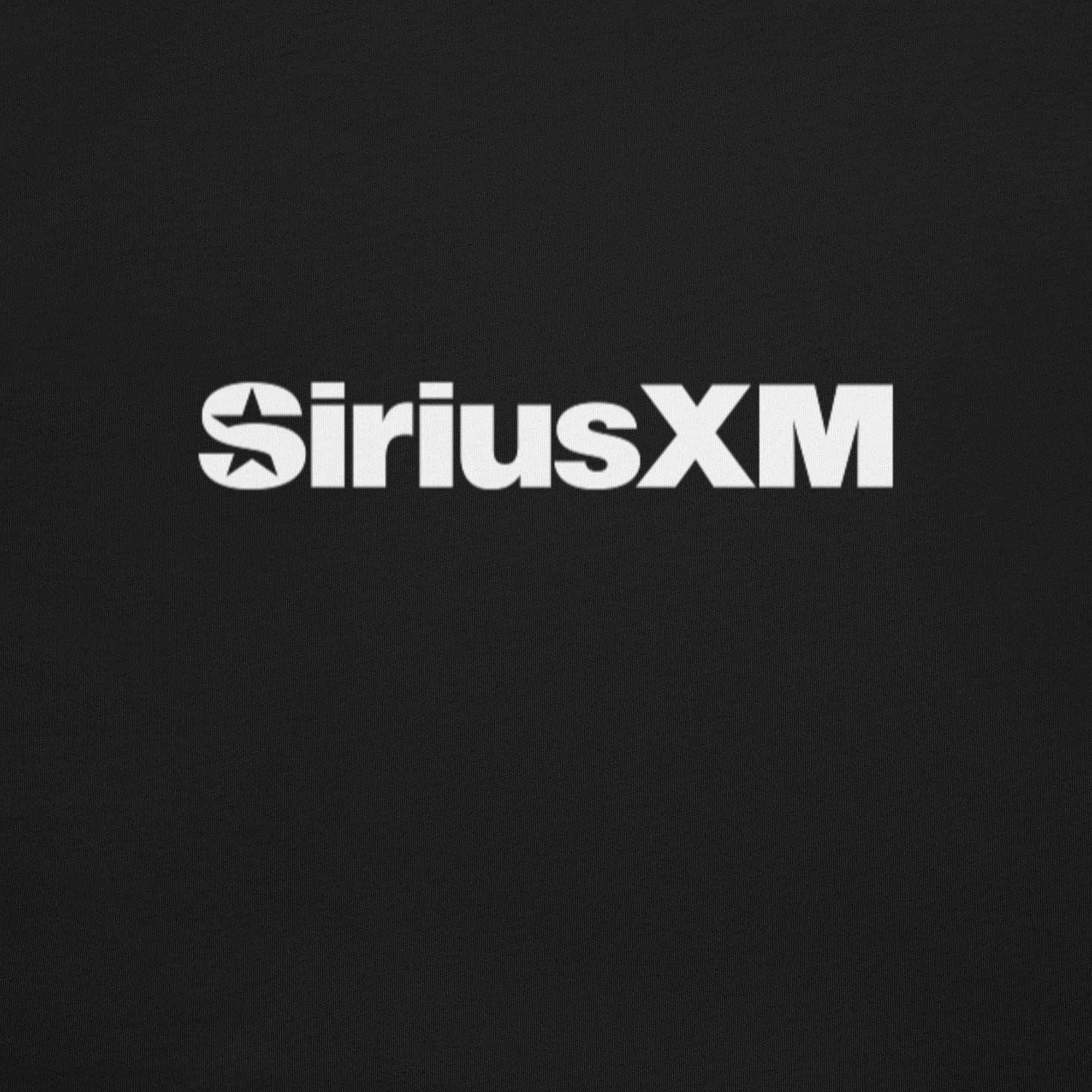 A close-up of the back of a black t-shirt featuring a white 'SiriusXM' logo centered near the neckline.