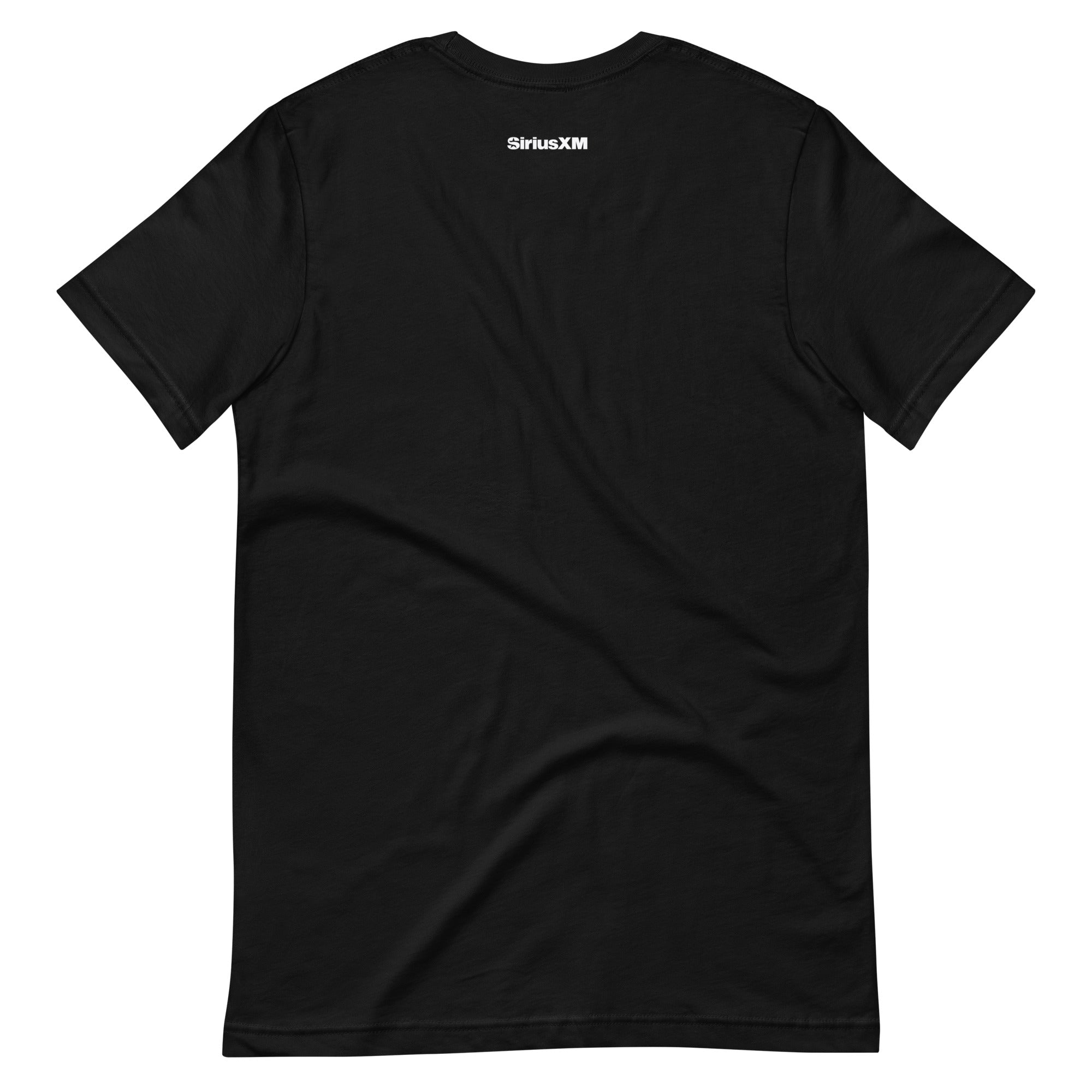 A black t-shirt viewed from the back, featuring a small white 'SiriusXM' logo centered near the neckline.