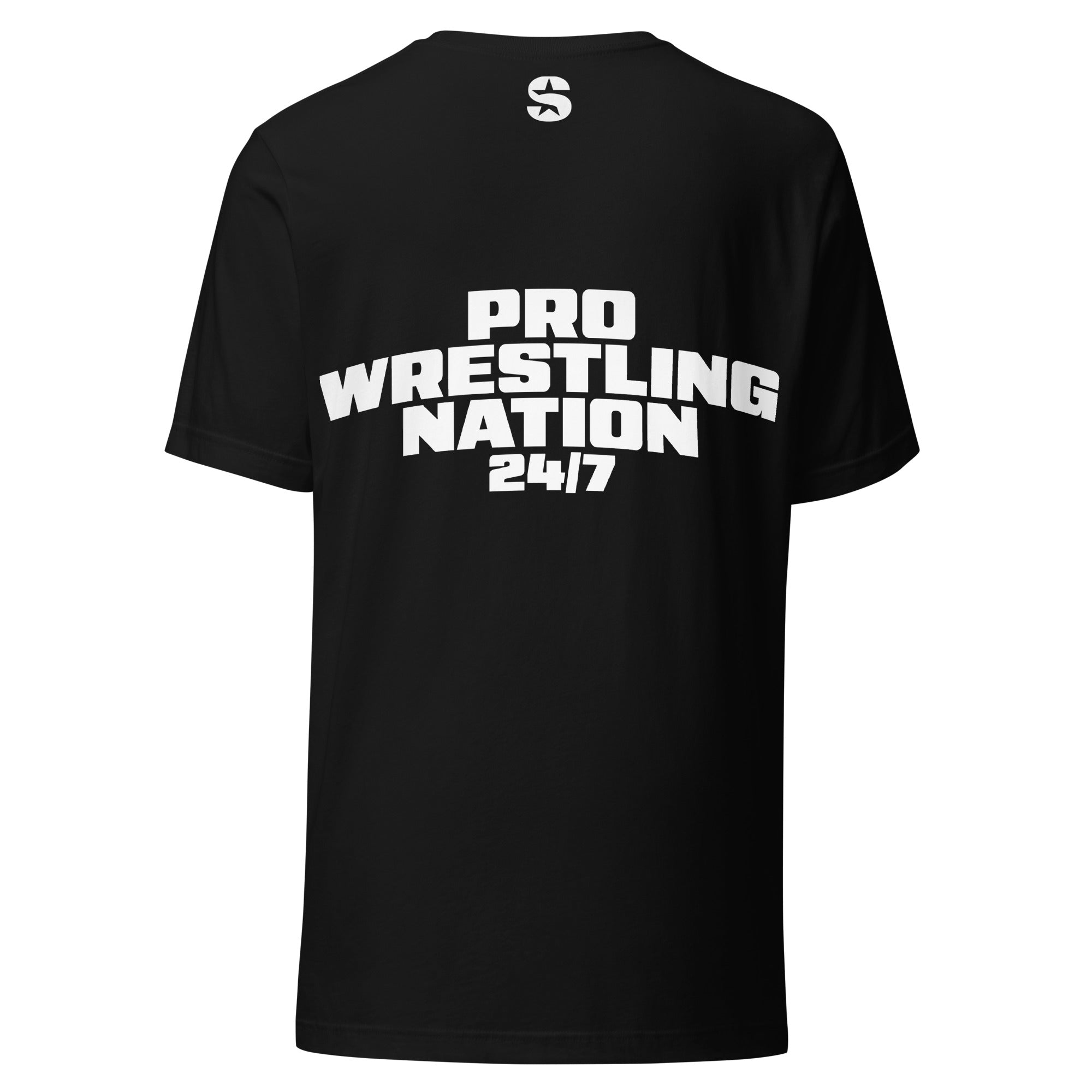 Flat lay of the back of a black t-shirt featuring ‘PRO WRESTLING NATION 24/7’ printed in bold white text beneath SiriusXM’s ‘S Star’ logo at the neckline.
