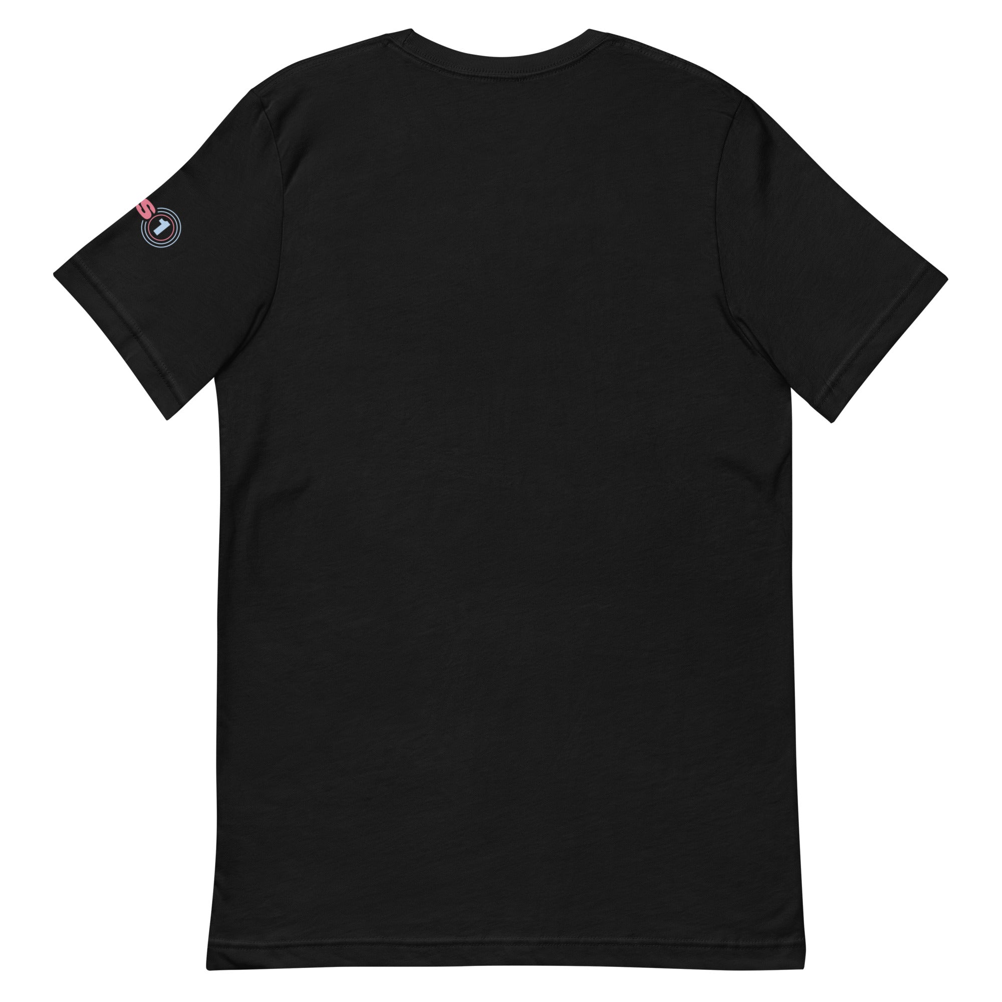 Black t-shirt with a small logo on the sleeve against a white background
