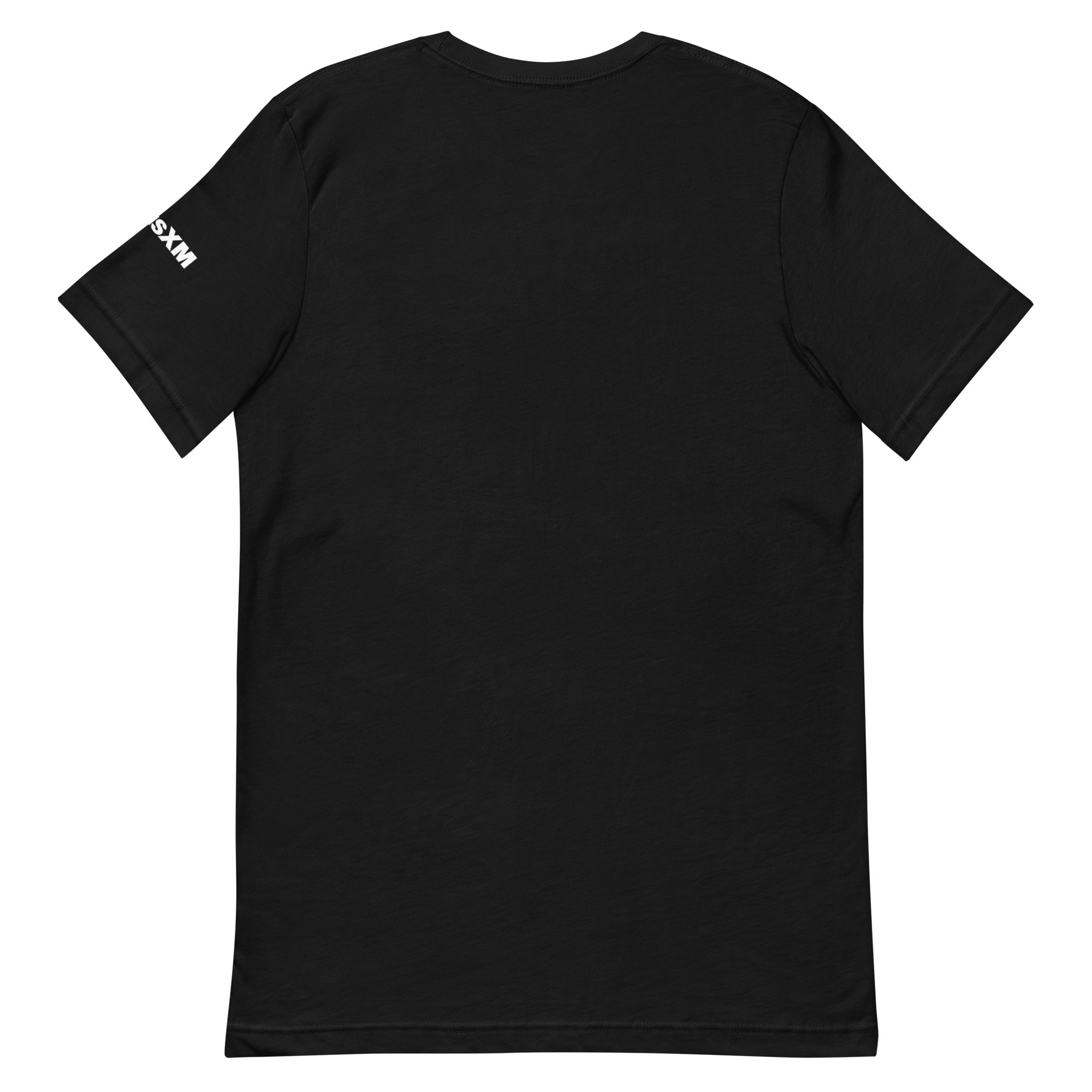 Black t-shirt with a brand logo on the sleeve against a white background