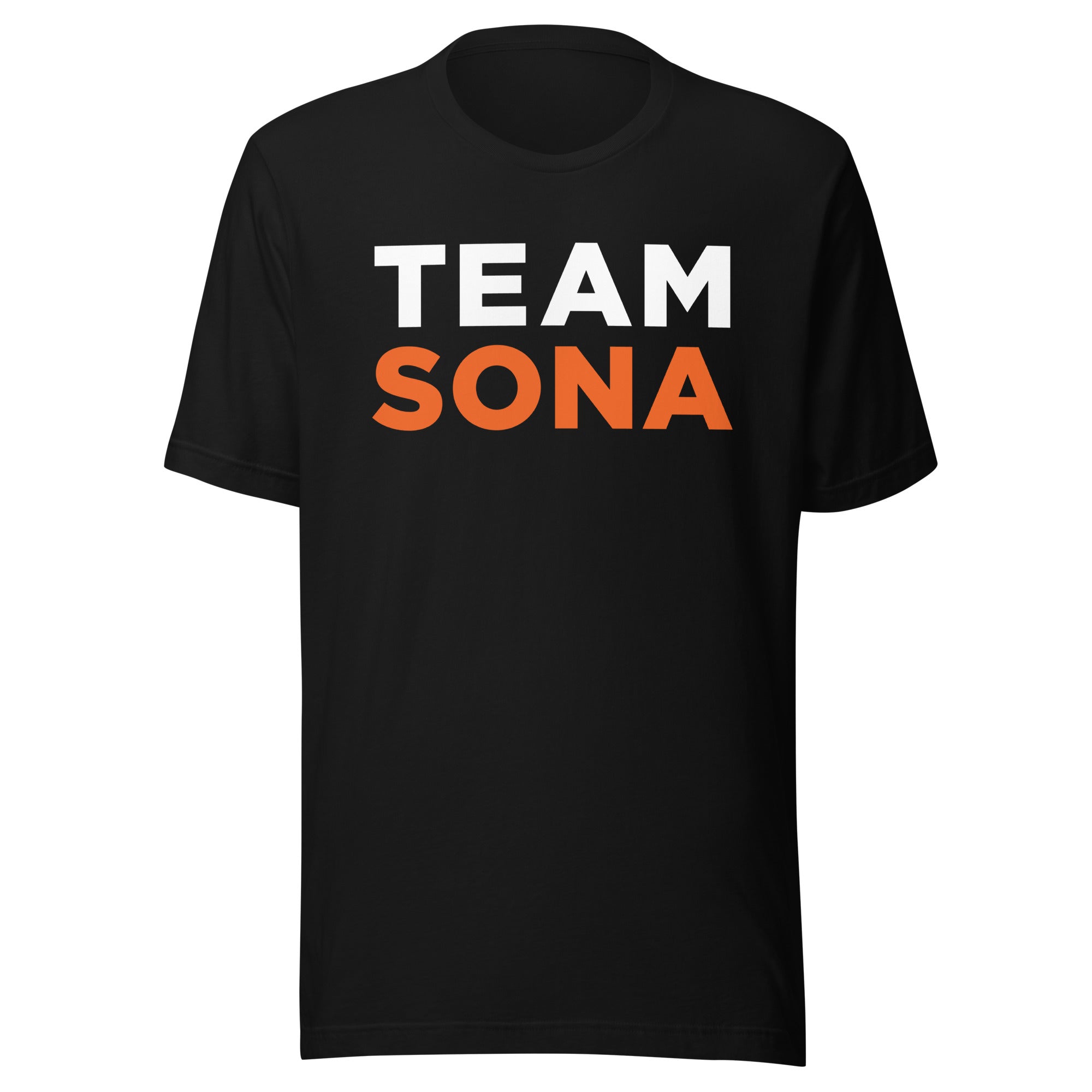 Black t-shirt with the text 'TEAM SONA' in white and orange letters.