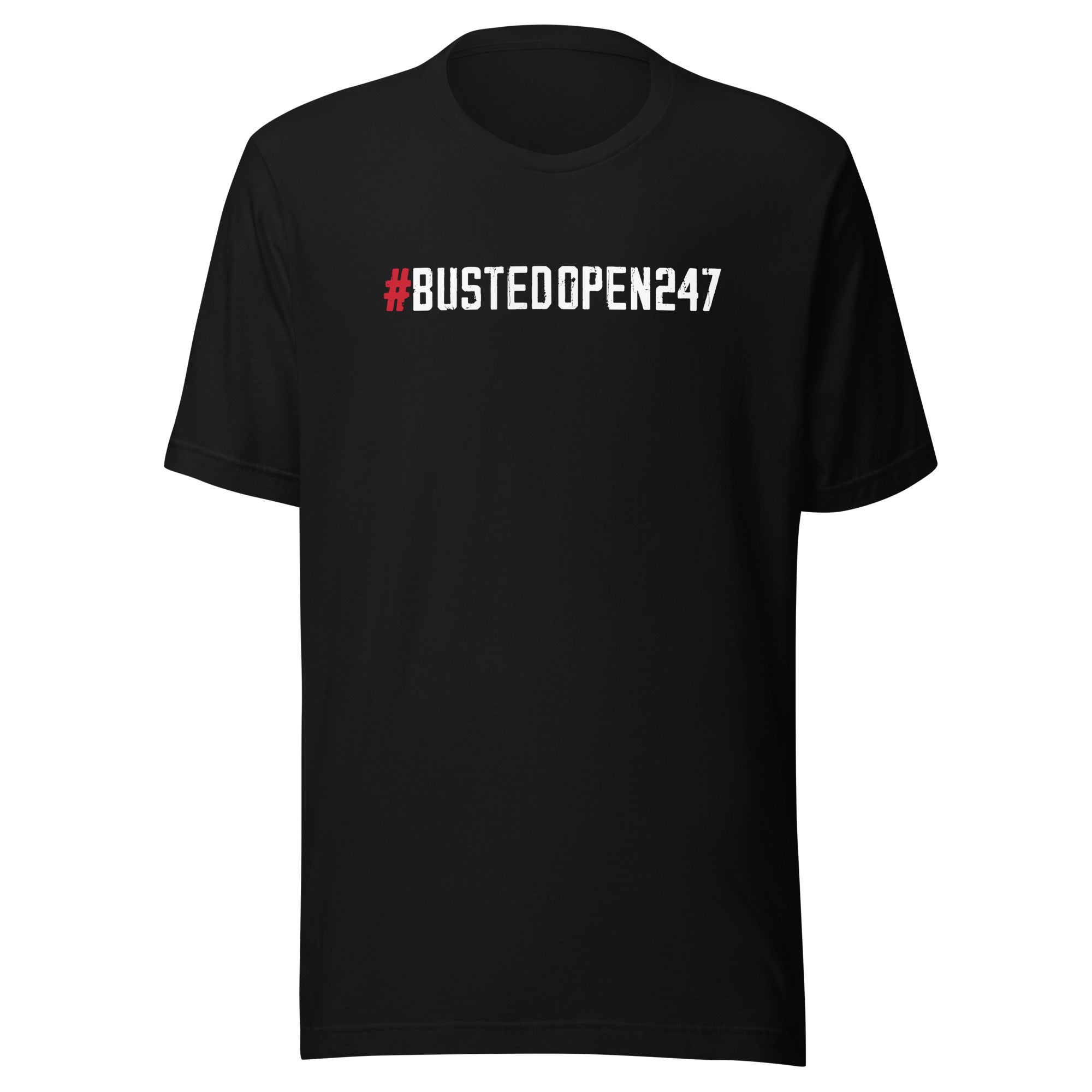 Black t-shirt featuring the hashtag '#BUSTEDOPEN247' in bold white and red lettering.