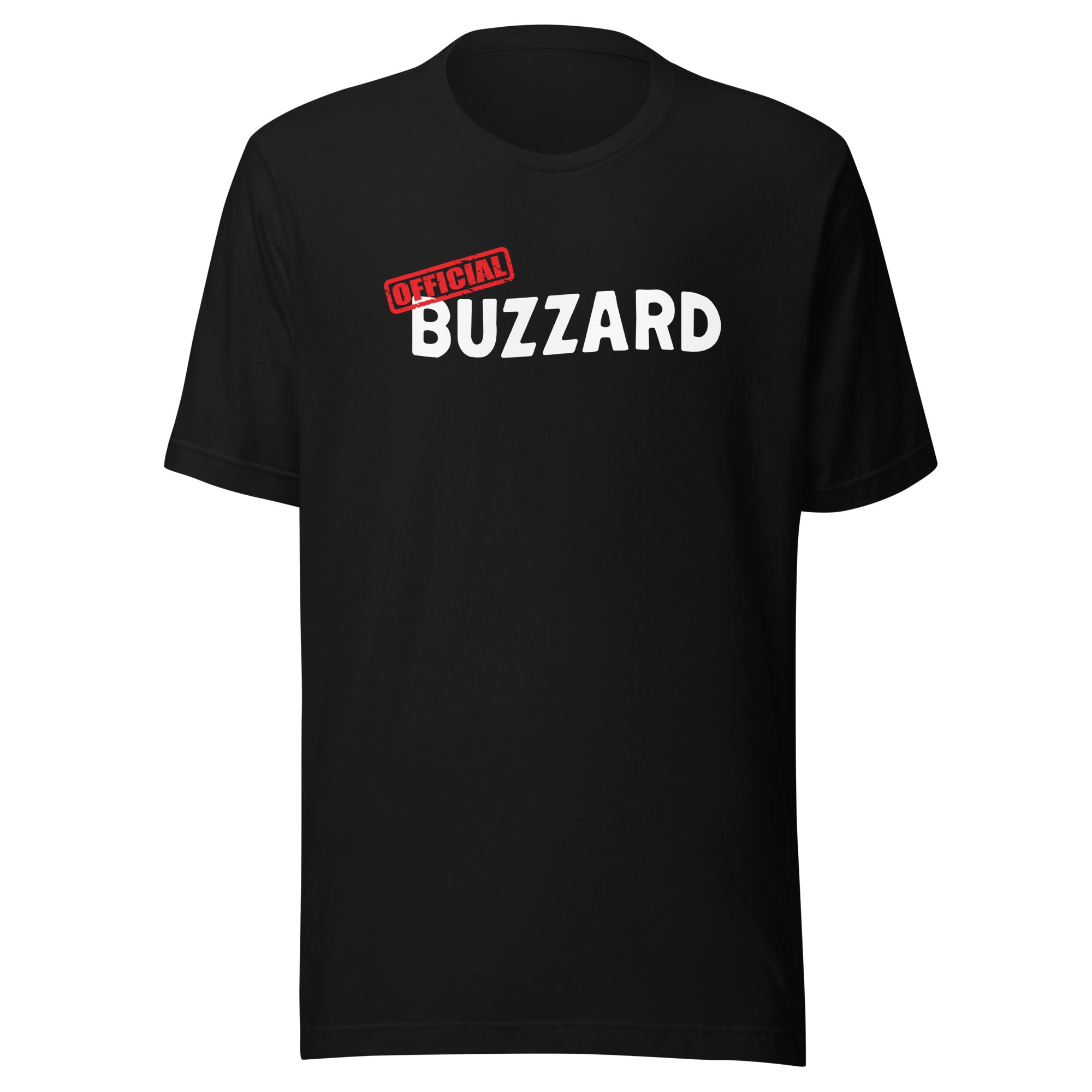Black t-shirt with 'OFFICIAL BUZZARD' printed in bold white letters and a red stamp design.