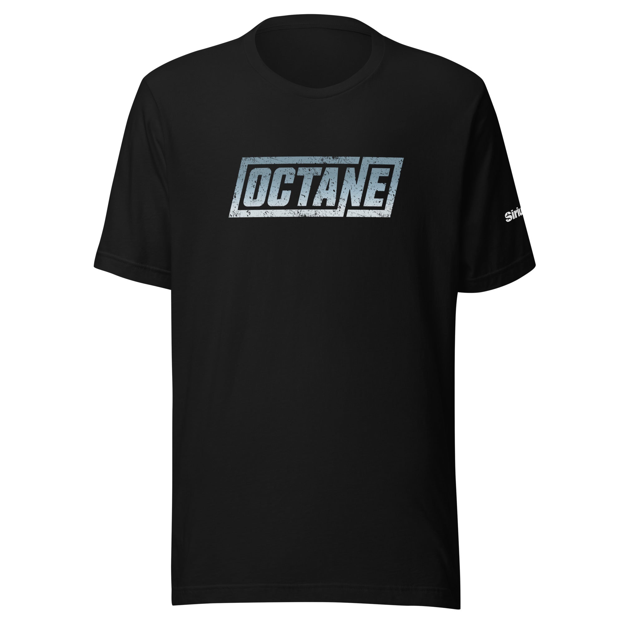 Black t-shirt featuring a bold 'OCTANE' logo in blue and white in a distressed style on the front.