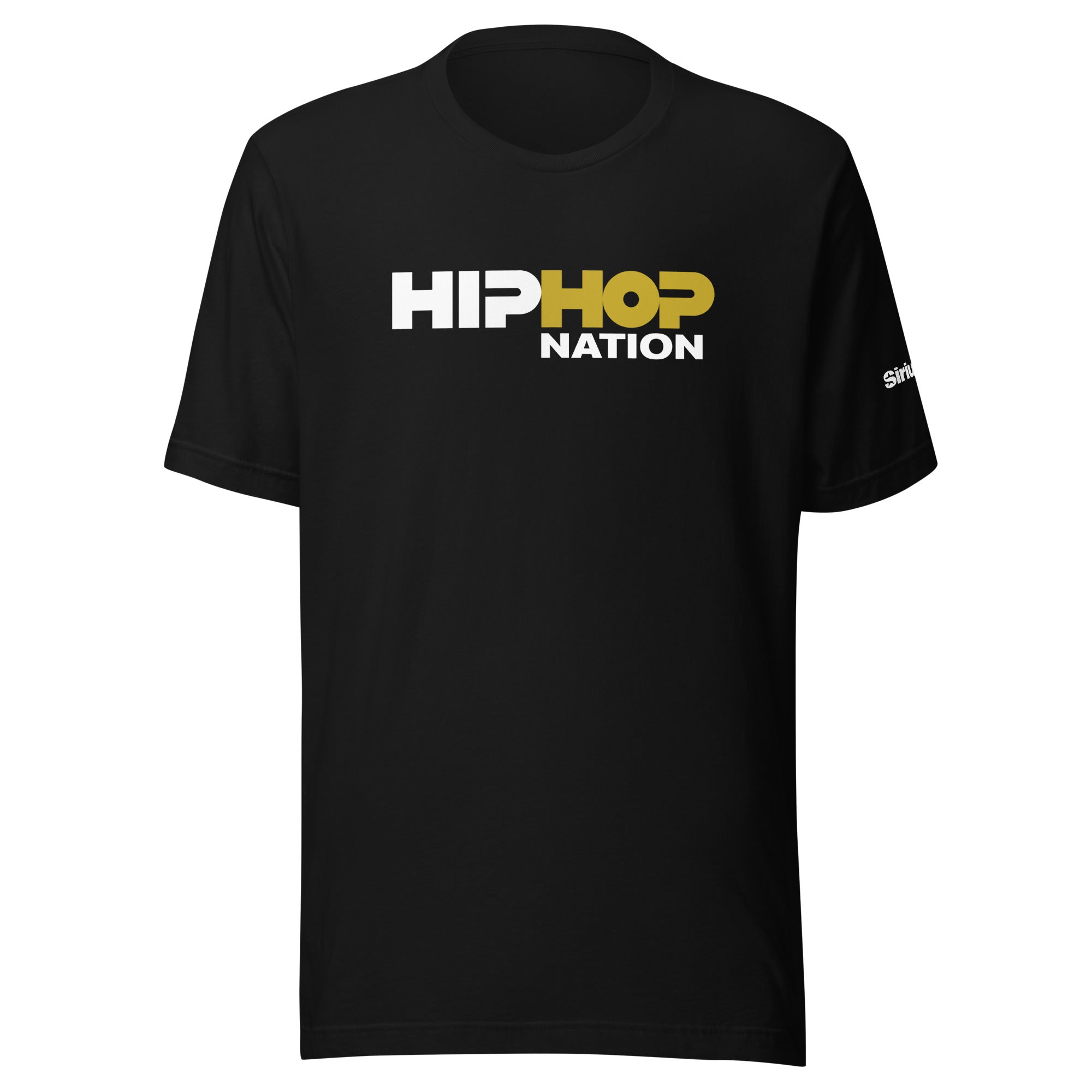 Black t-shirt with 'HIP HOP NATION' text design in white and gold.