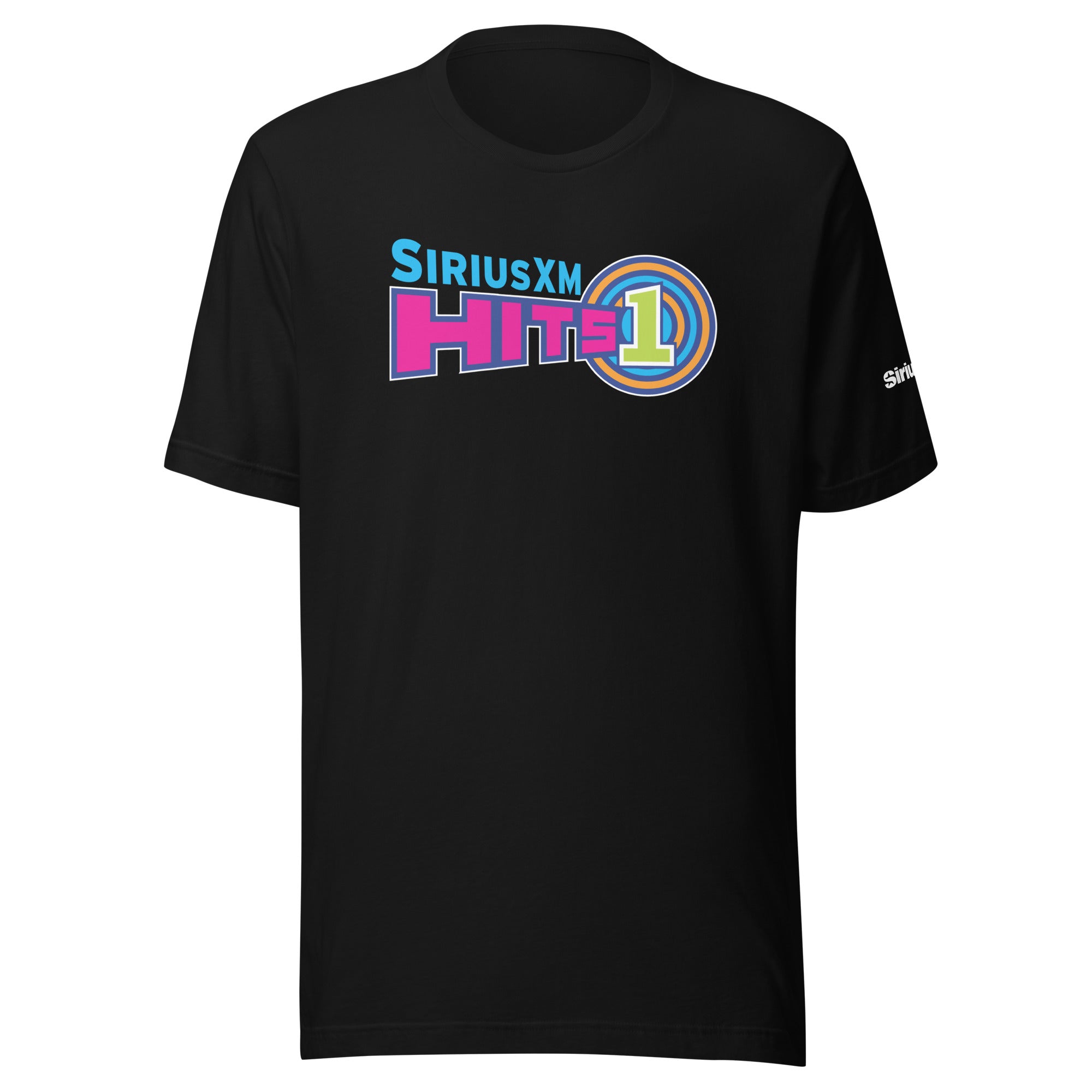 Black t-shirt featuring 'SiriusXM HITS 1' logo in colorful lettering on the front. Colors include pink, purple, orange and vivid green.