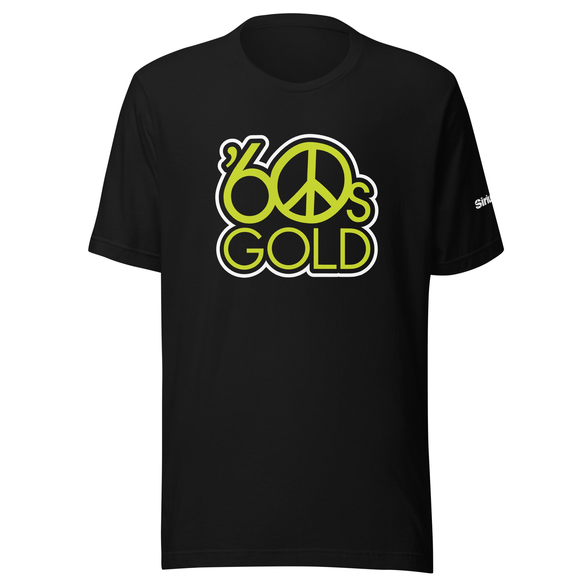 Black t-shirt featuring '60s GOLD' text with a peace symbol in bright green and white.