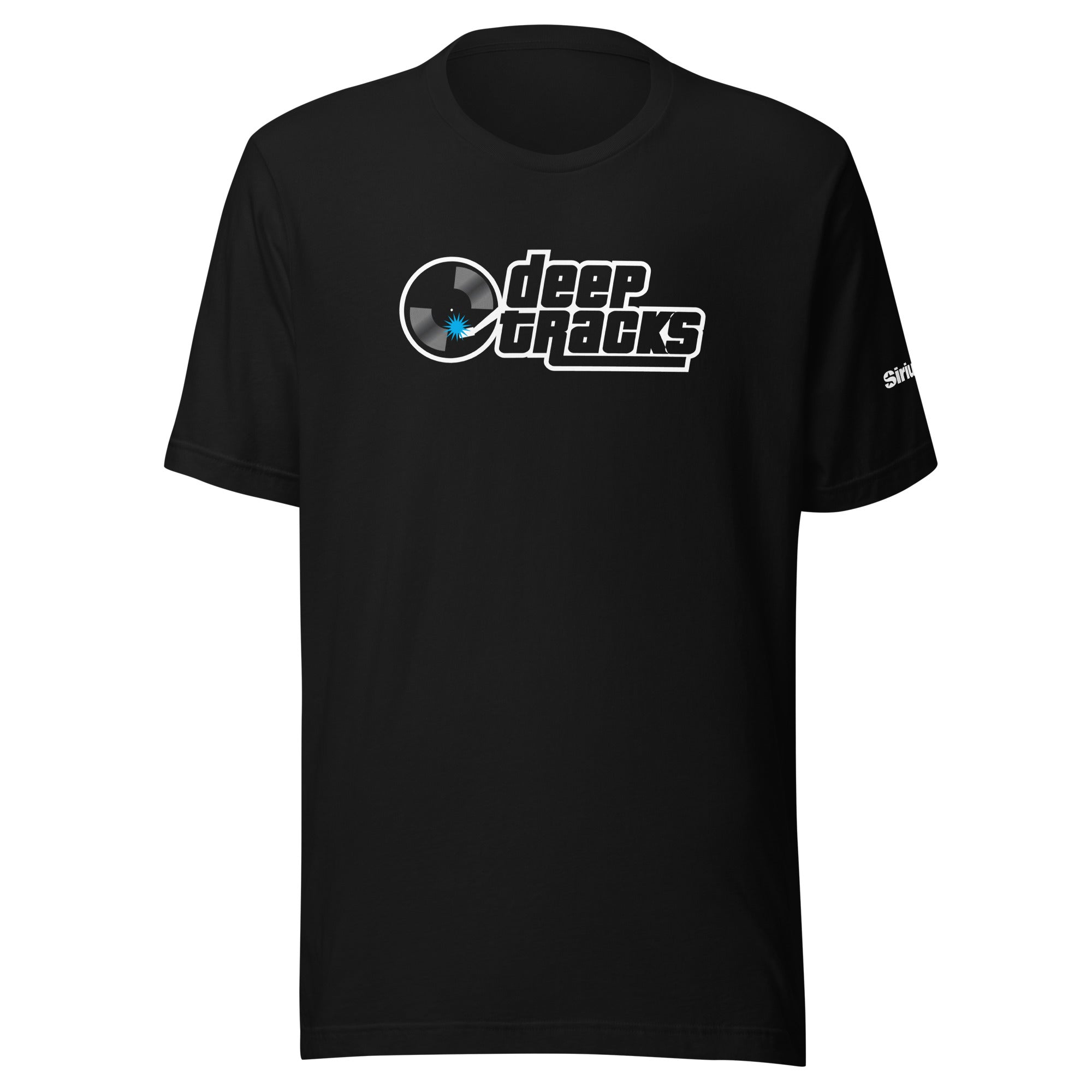 Black t-shirt with 'deep tracks' logo and vinyl record graphic on front.