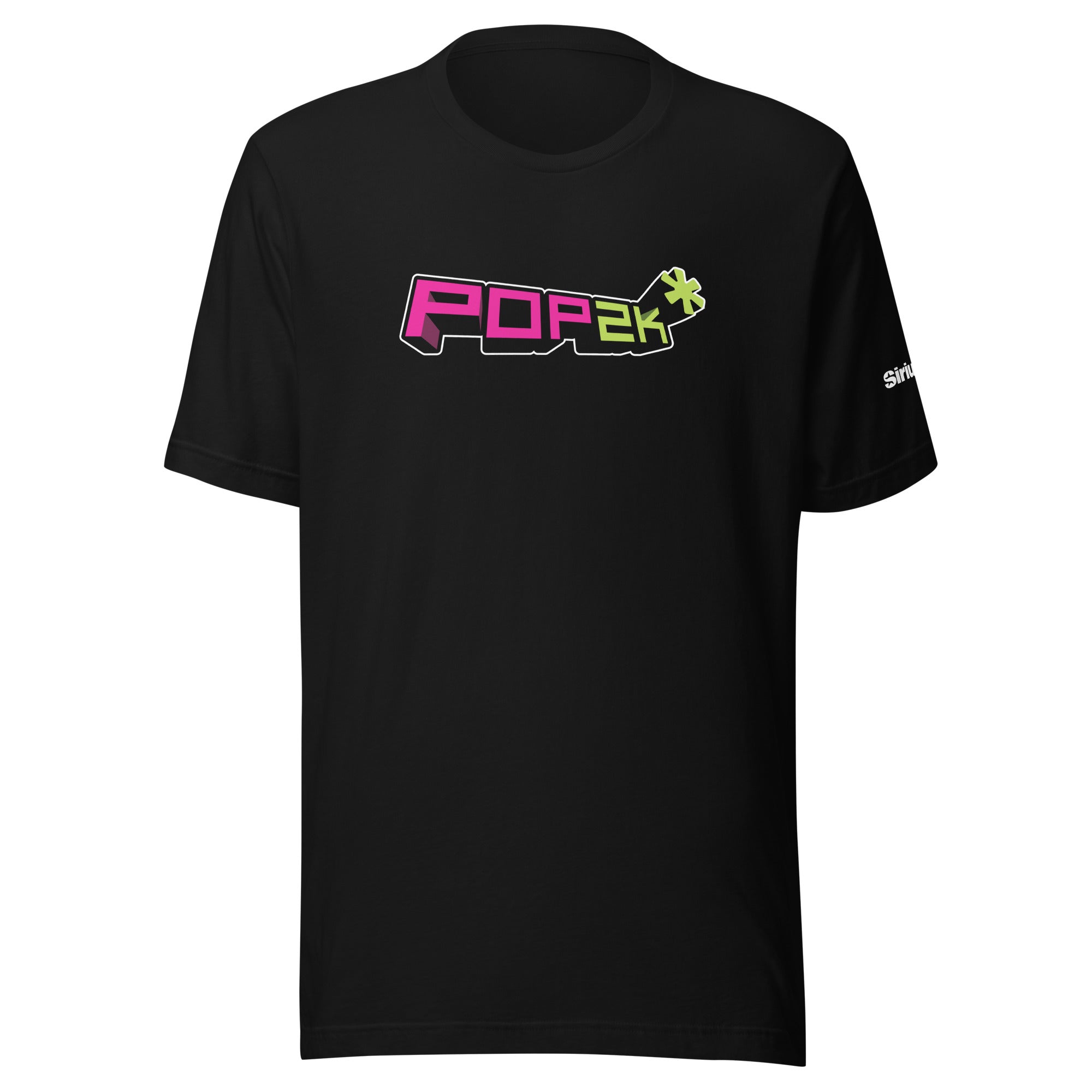 Black t-shirt featuring a colorful 'POP2k' graphic design on the front.