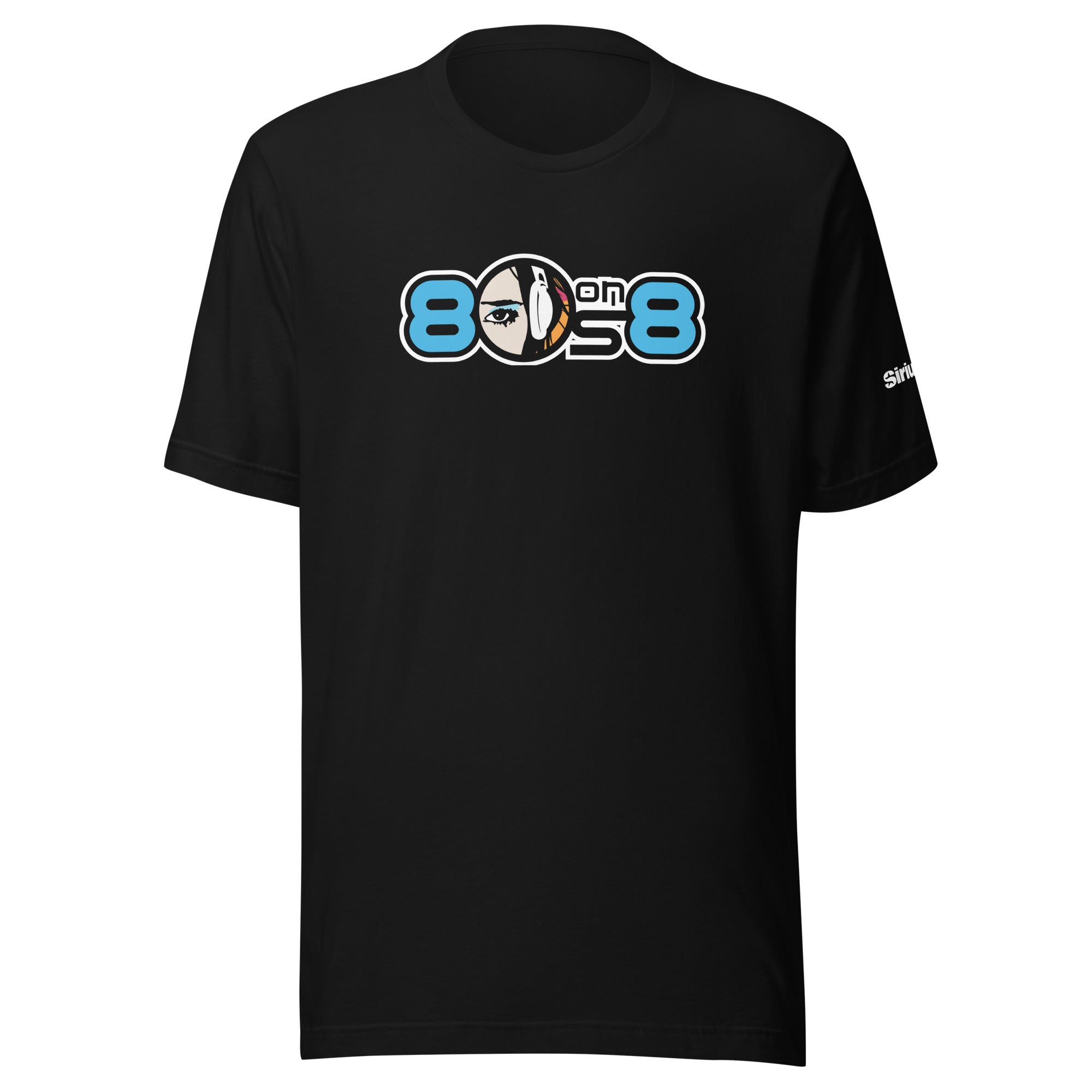 Black t-shirt featuring a graphic logo with '80 on 8' and a stylized eye and headphone design.