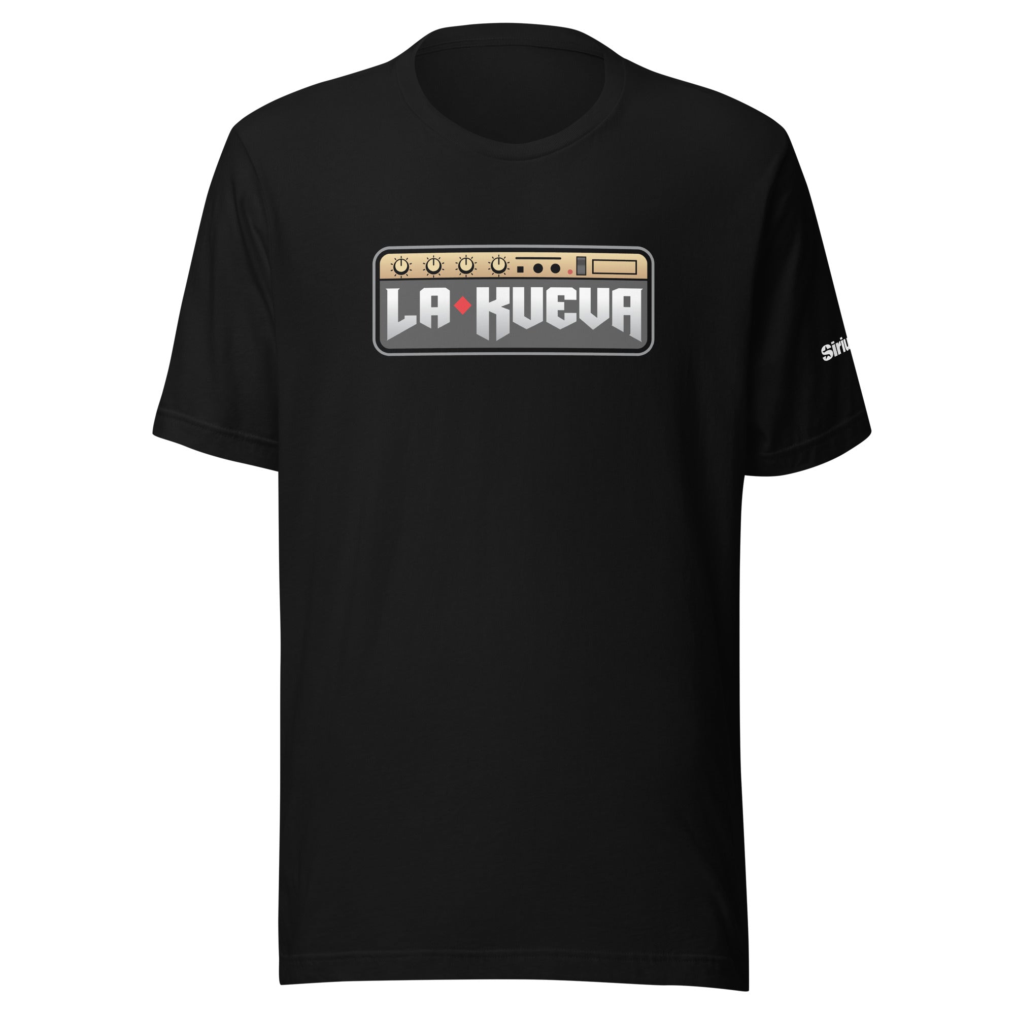 Black t-shirt featuring a graphic with 'LA KUEVA' and an amplifier design.