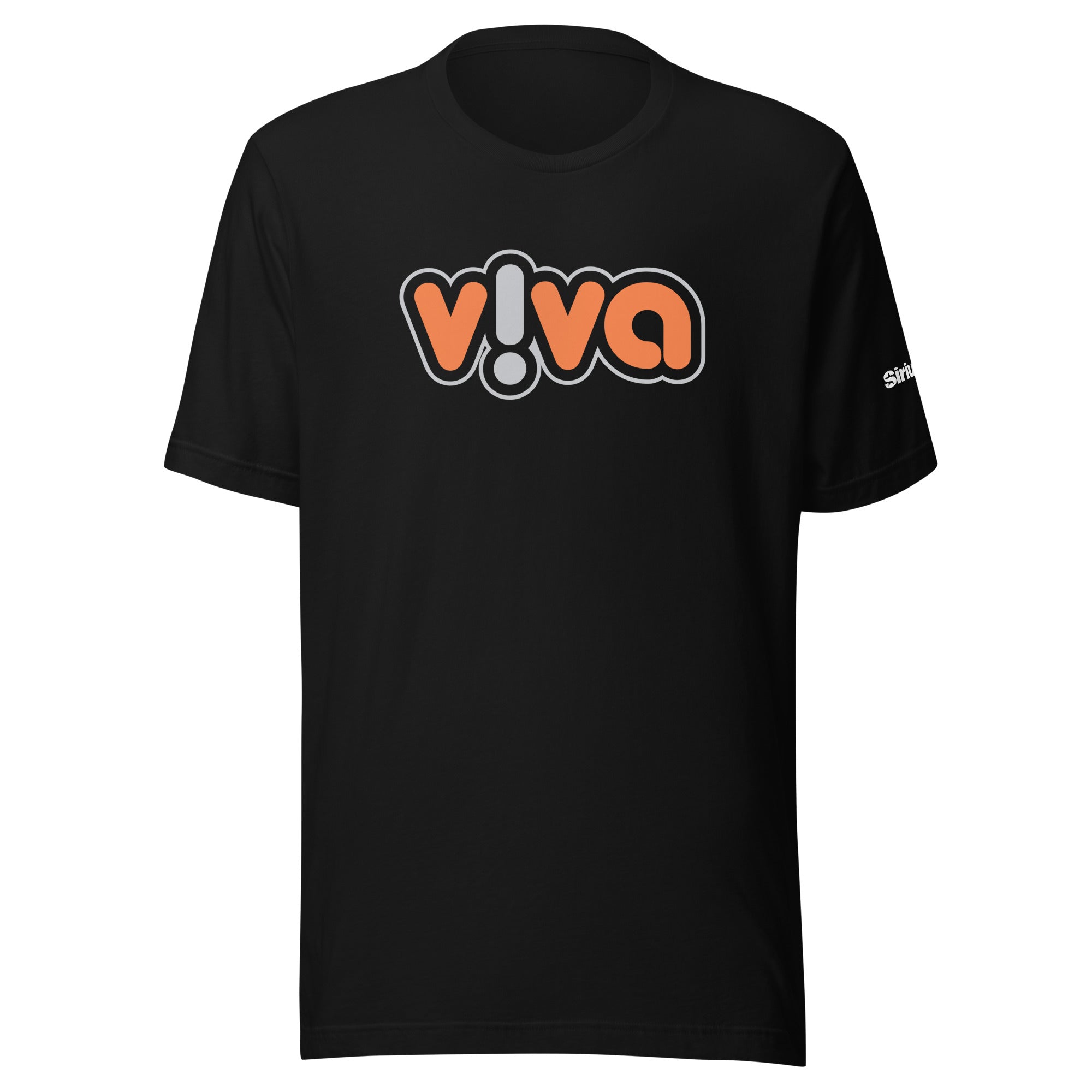 Black t-shirt featuring a colorful 'v!va' logo on the front.