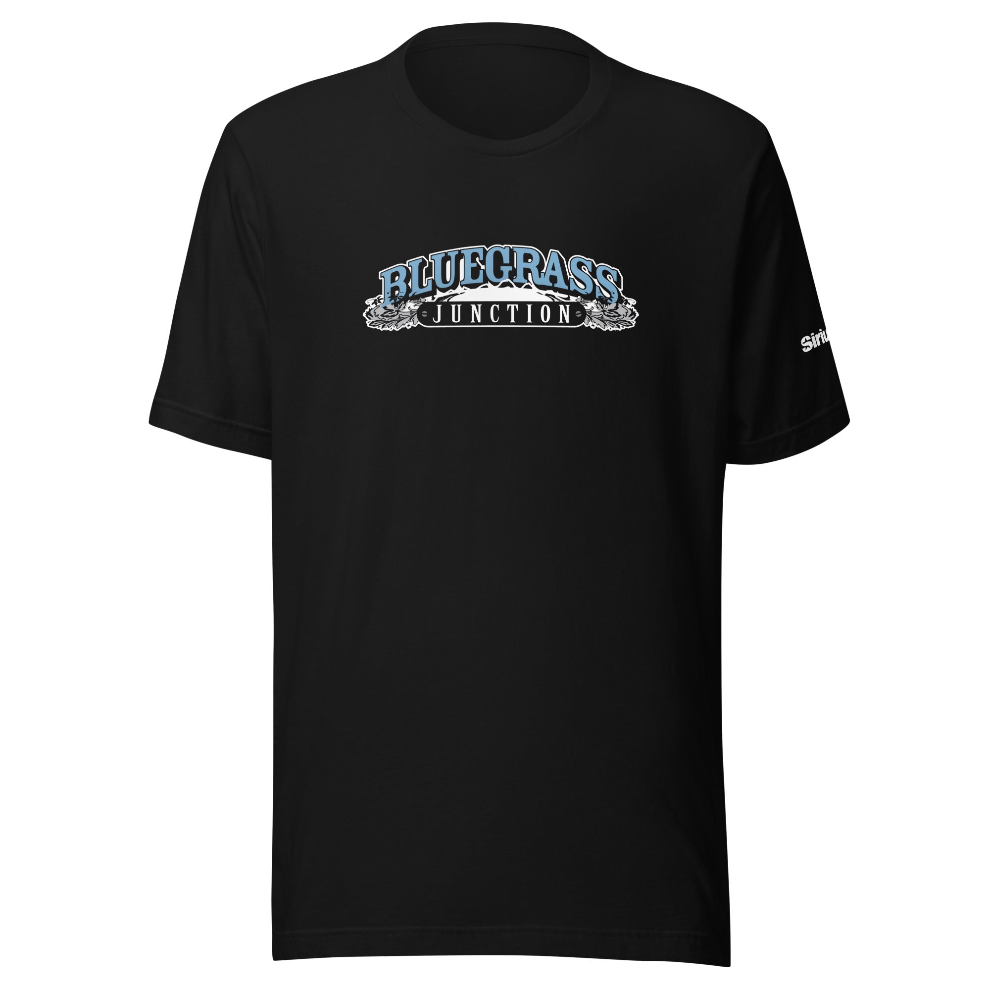 Black t-shirt featuring 'BLUEGRASS JUNCTION' in decorative blue and white lettering on the front.