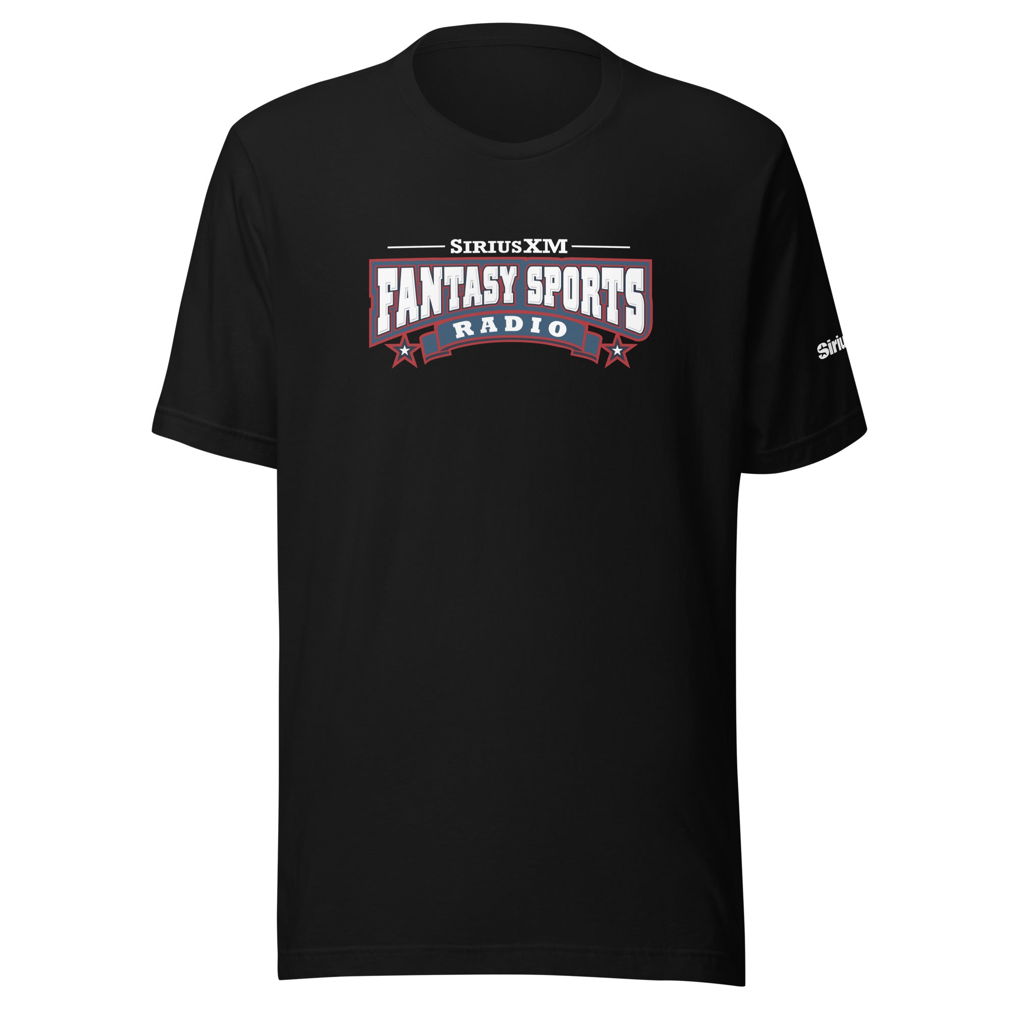 Black t-shirt featuring 'SiriusXM Fantasy Sports Radio' logo in red, white, and blue.