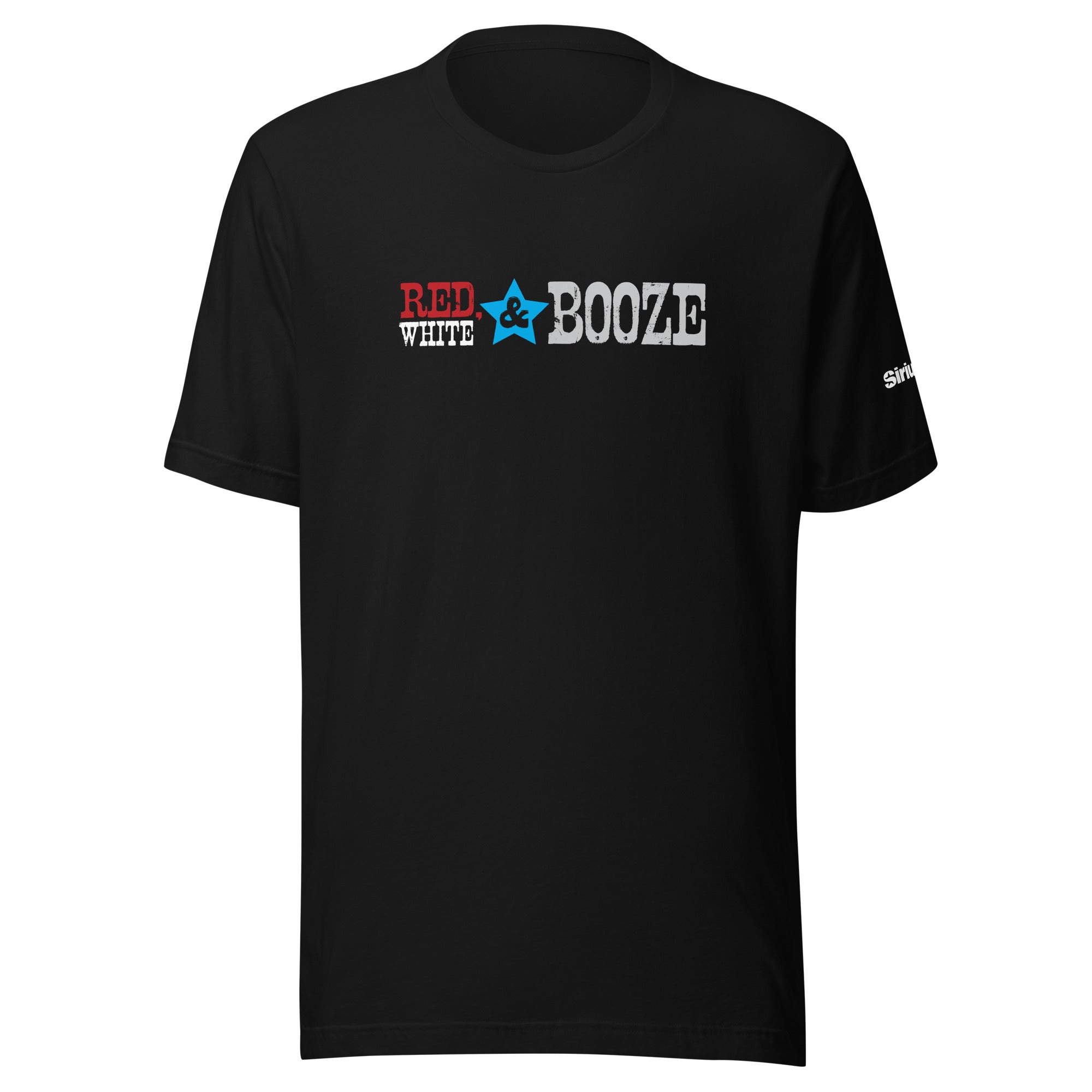 Black t-shirt with 'RED WHITE & BOOZE' printed in bold colors.