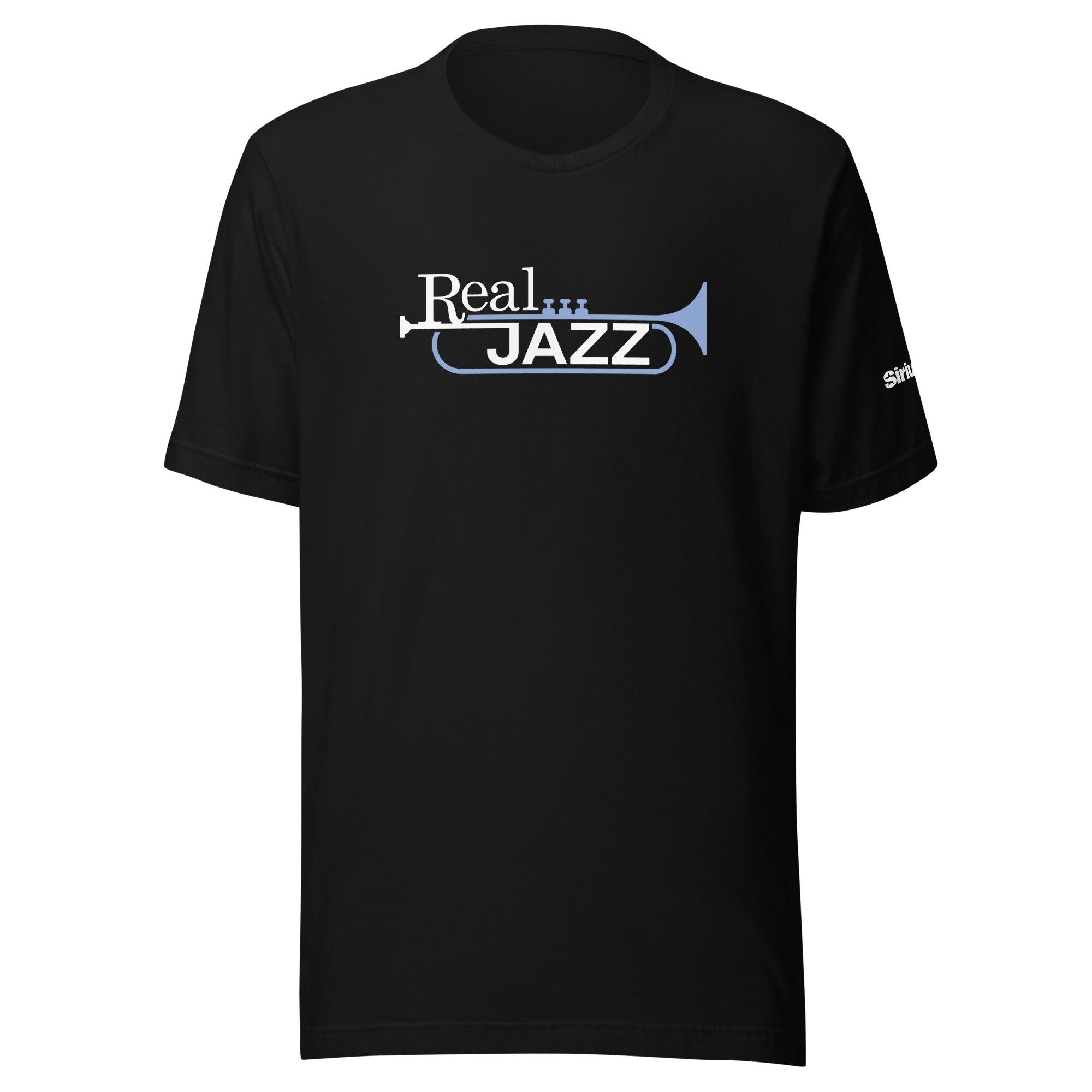 Black t-shirt featuring 'Real Jazz' text with a trumpet graphic in white and light blue.