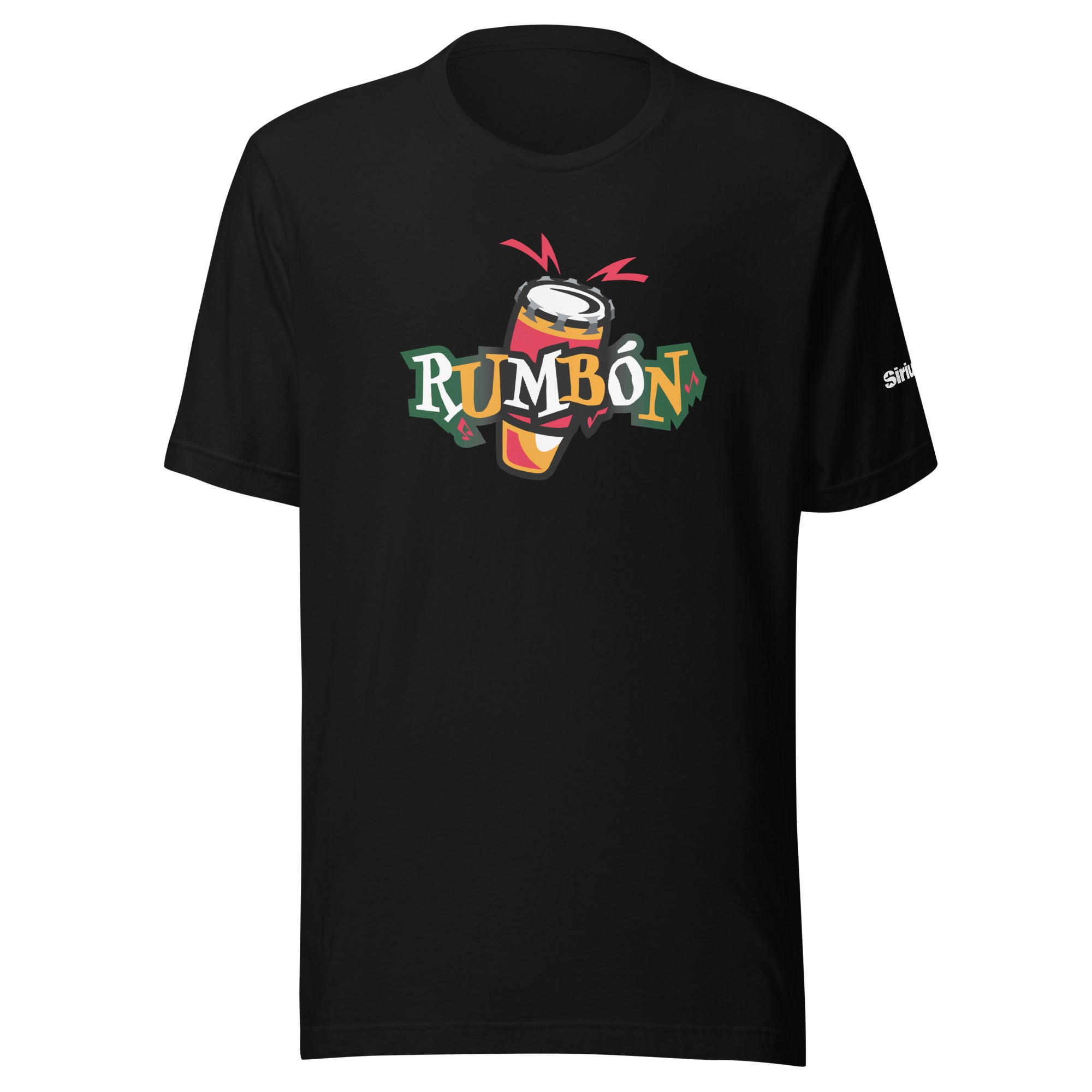 Black t-shirt featuring a vibrant 'RUMBÓN' graphic with a drum illustration and colorful accents.