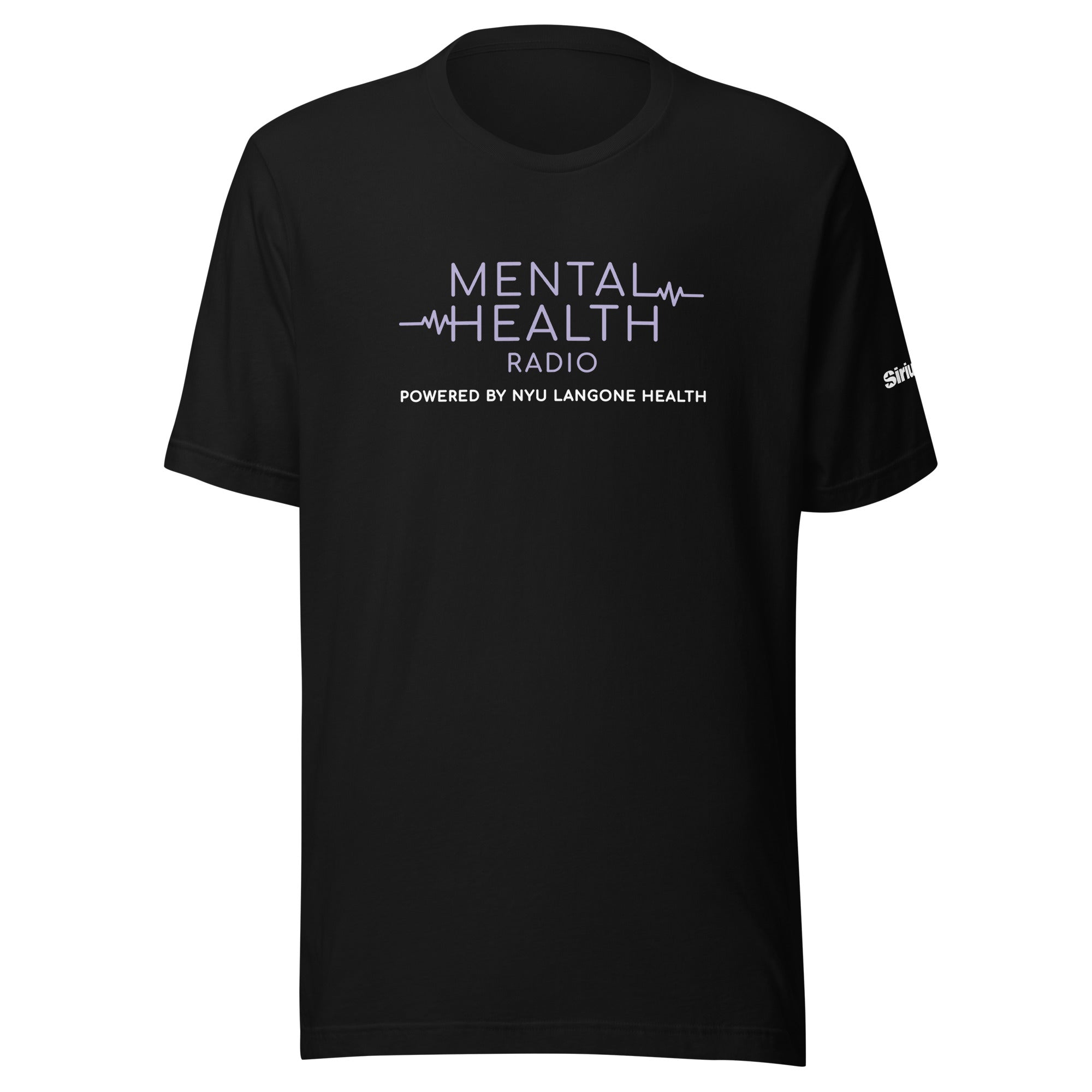 Black t-shirt with 'Mental Health Radio' and 'Powered by NYU Langone Health' printed in white and light purple text.
